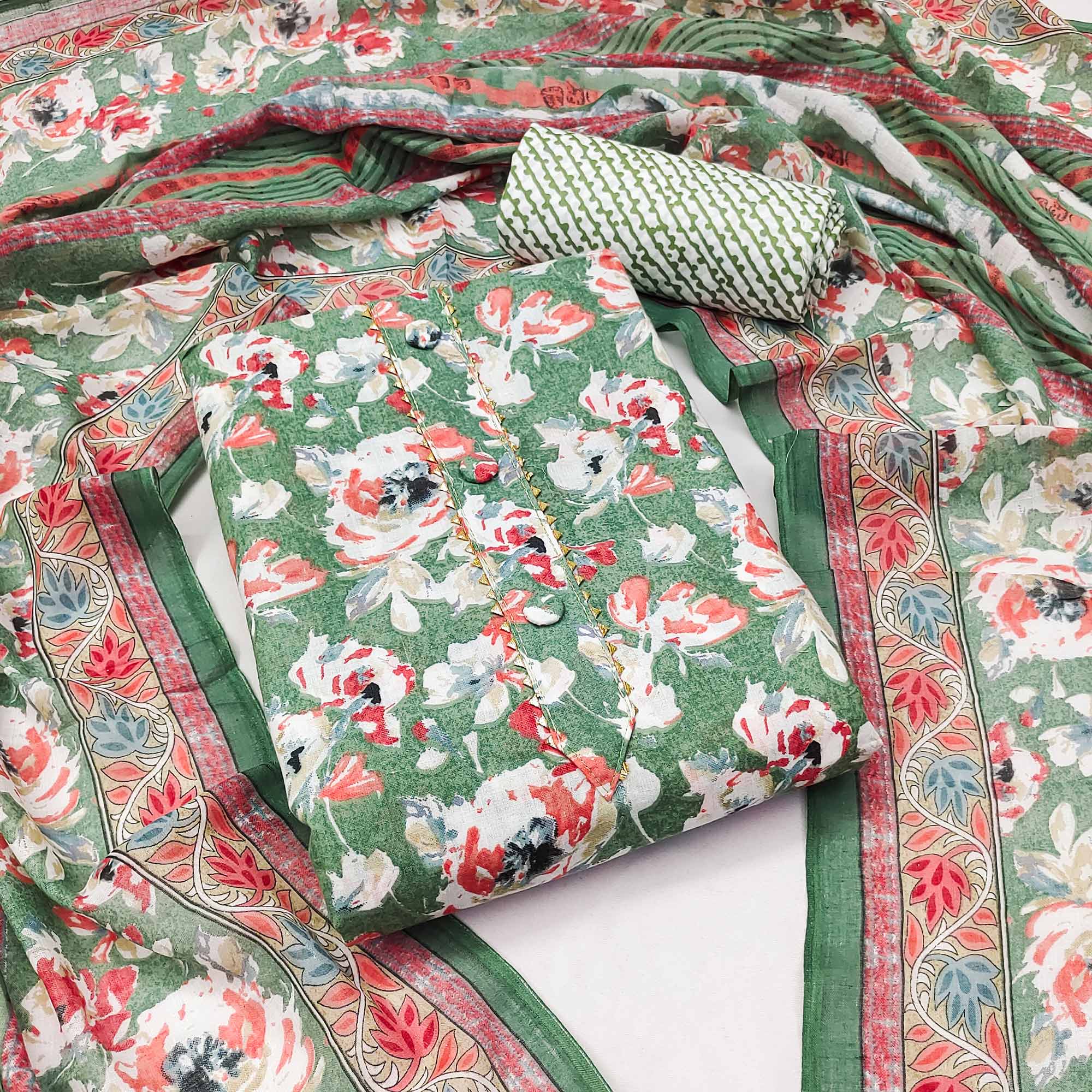 Green Floral Printed Pure Cotton Dress Material