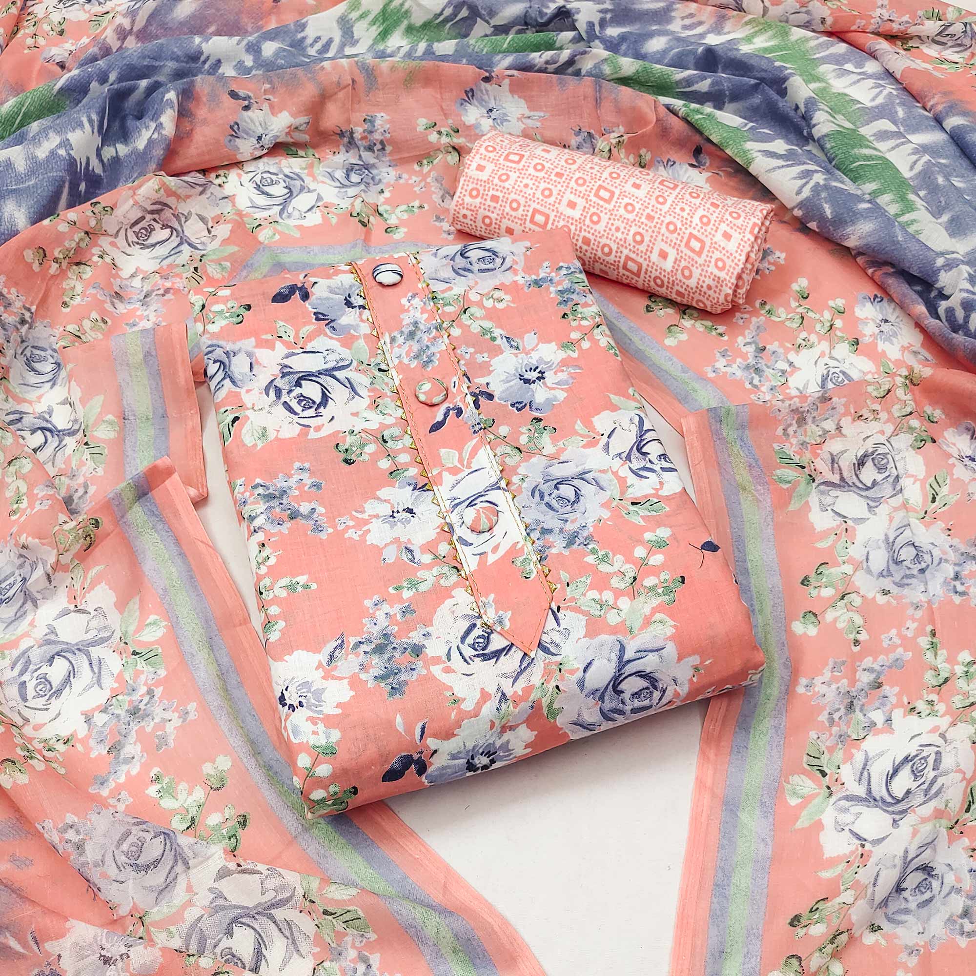 Peach Floral Printed Pure Cotton Dress Material