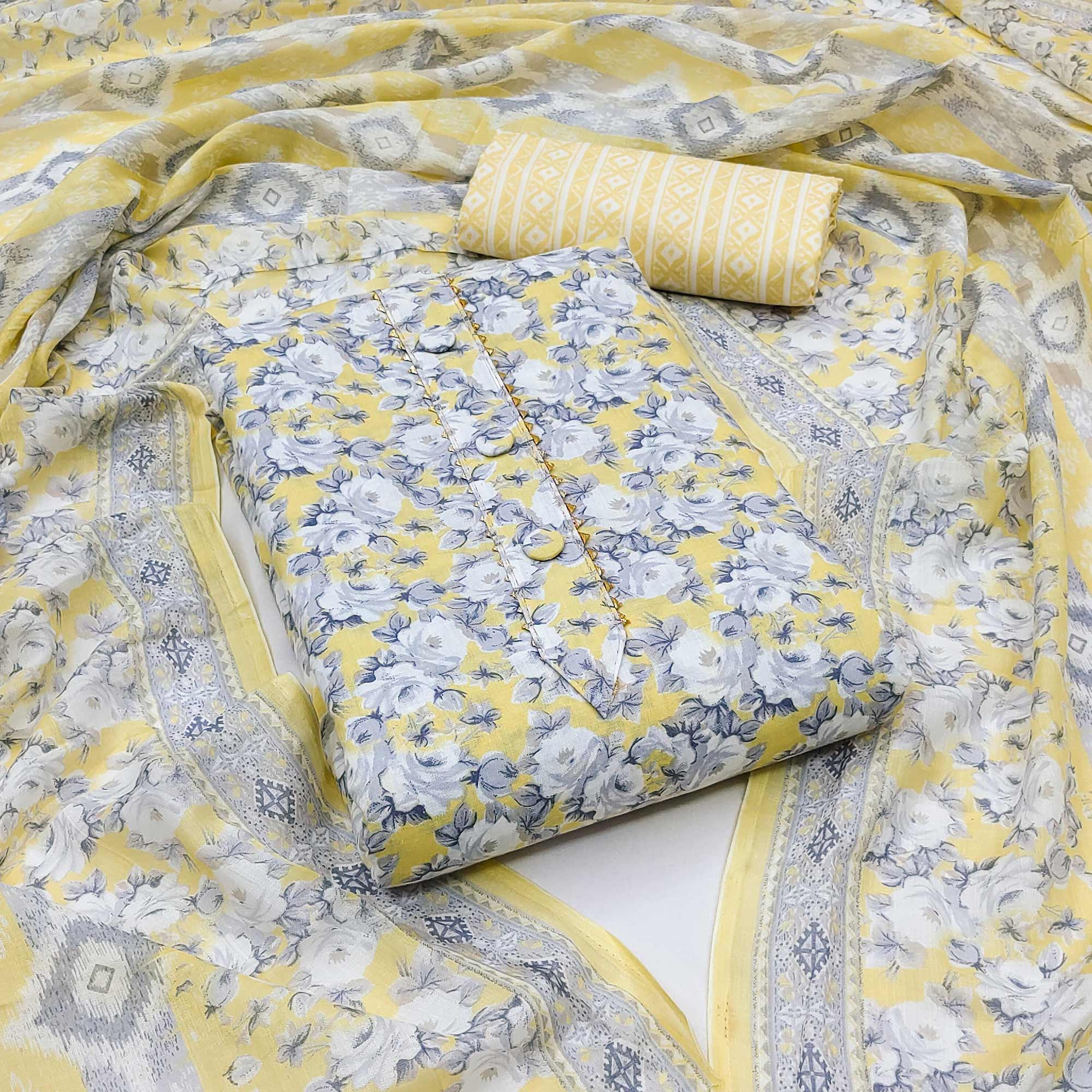 Yellow Floral Printed Pure Cotton Dress Material