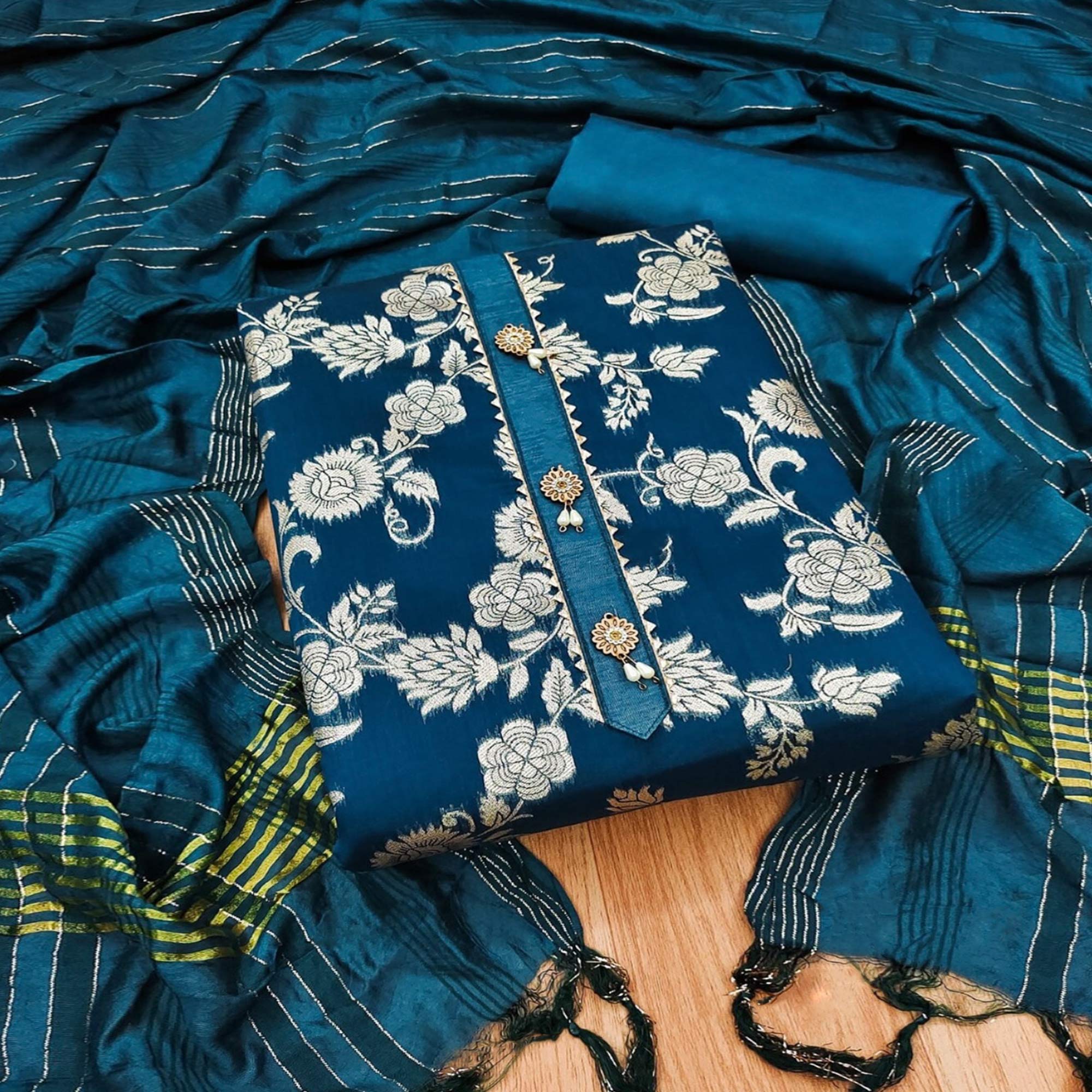 Blue Floral Woven Modal Dress Material