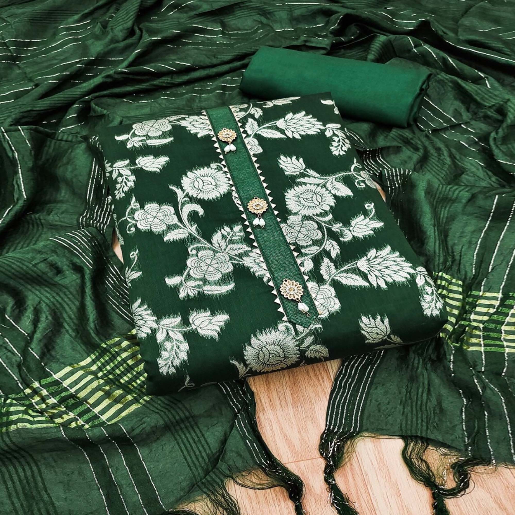Green Floral Woven Modal Dress Material
