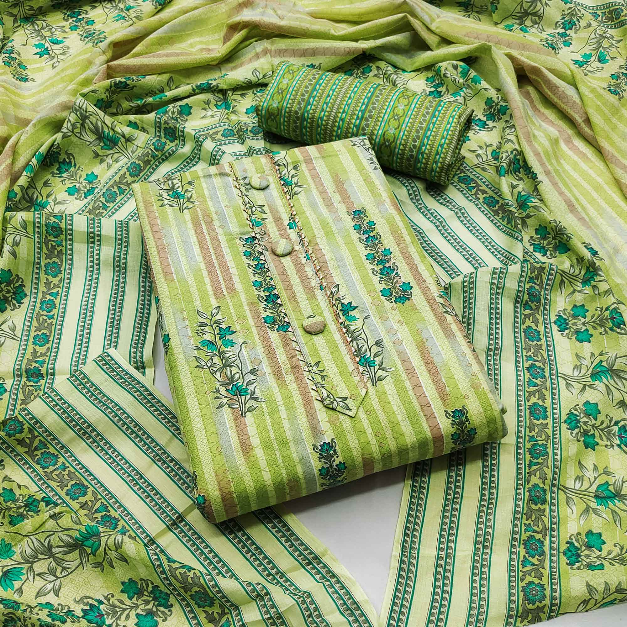 Green Floral Printed Pure Cotton Dress Material