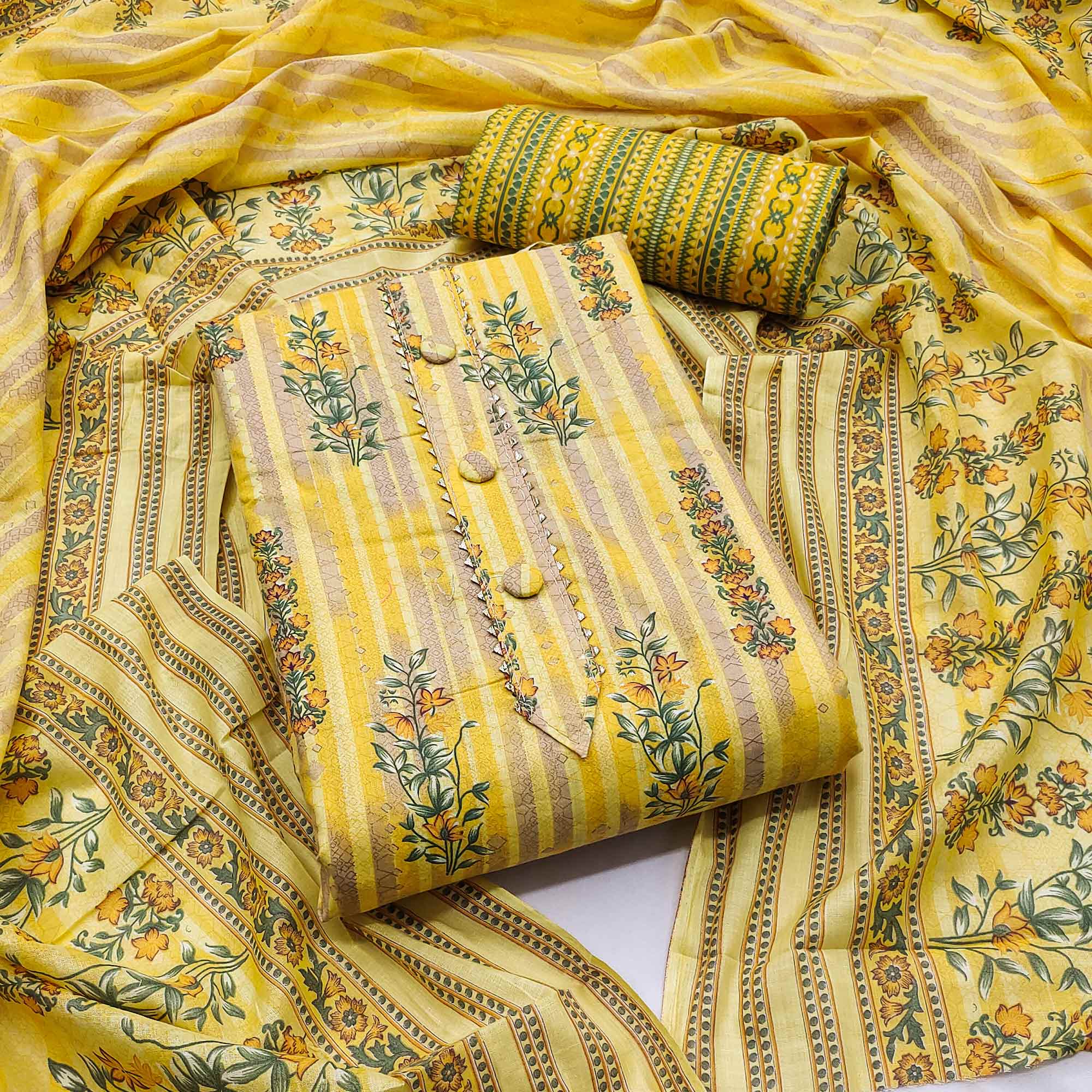 Yellow Floral Printed Pure Cotton Dress Material