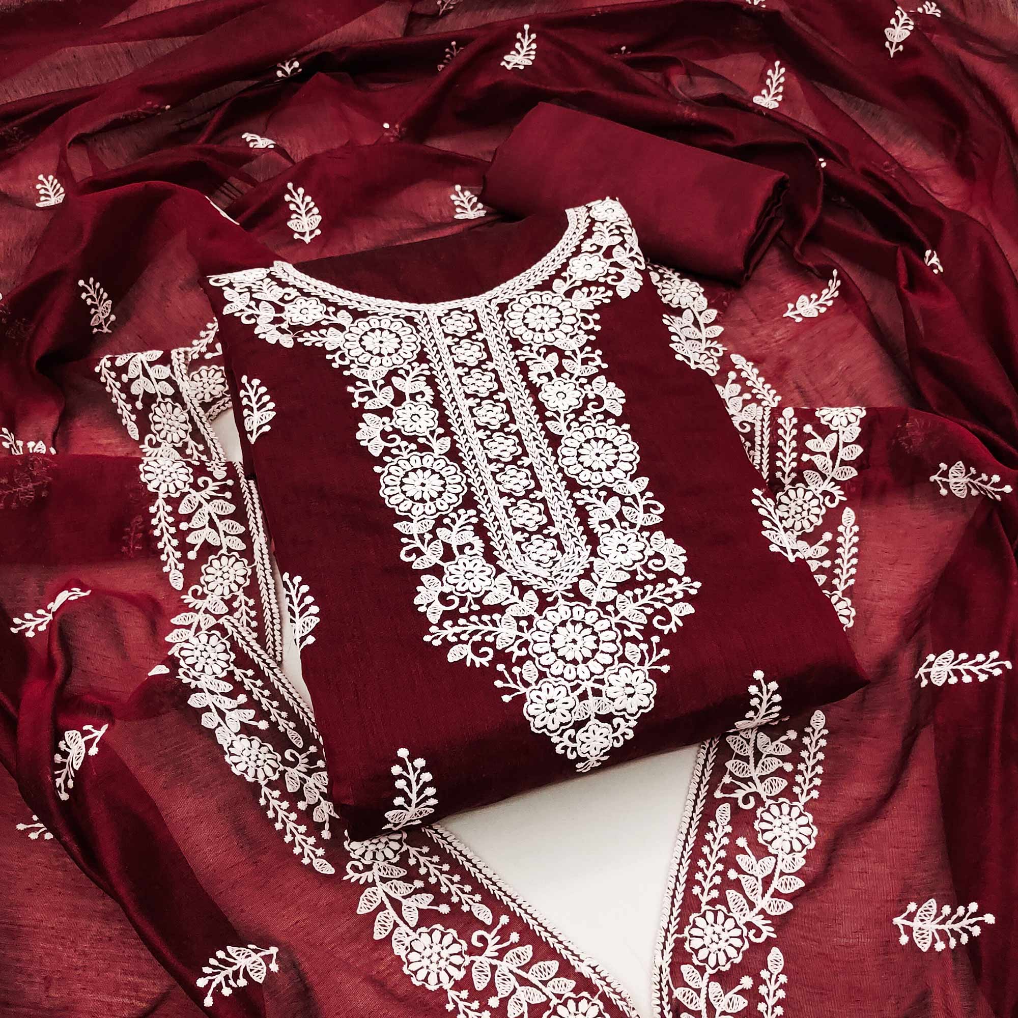 Maroon Floral Embroidered Modal Dress Material