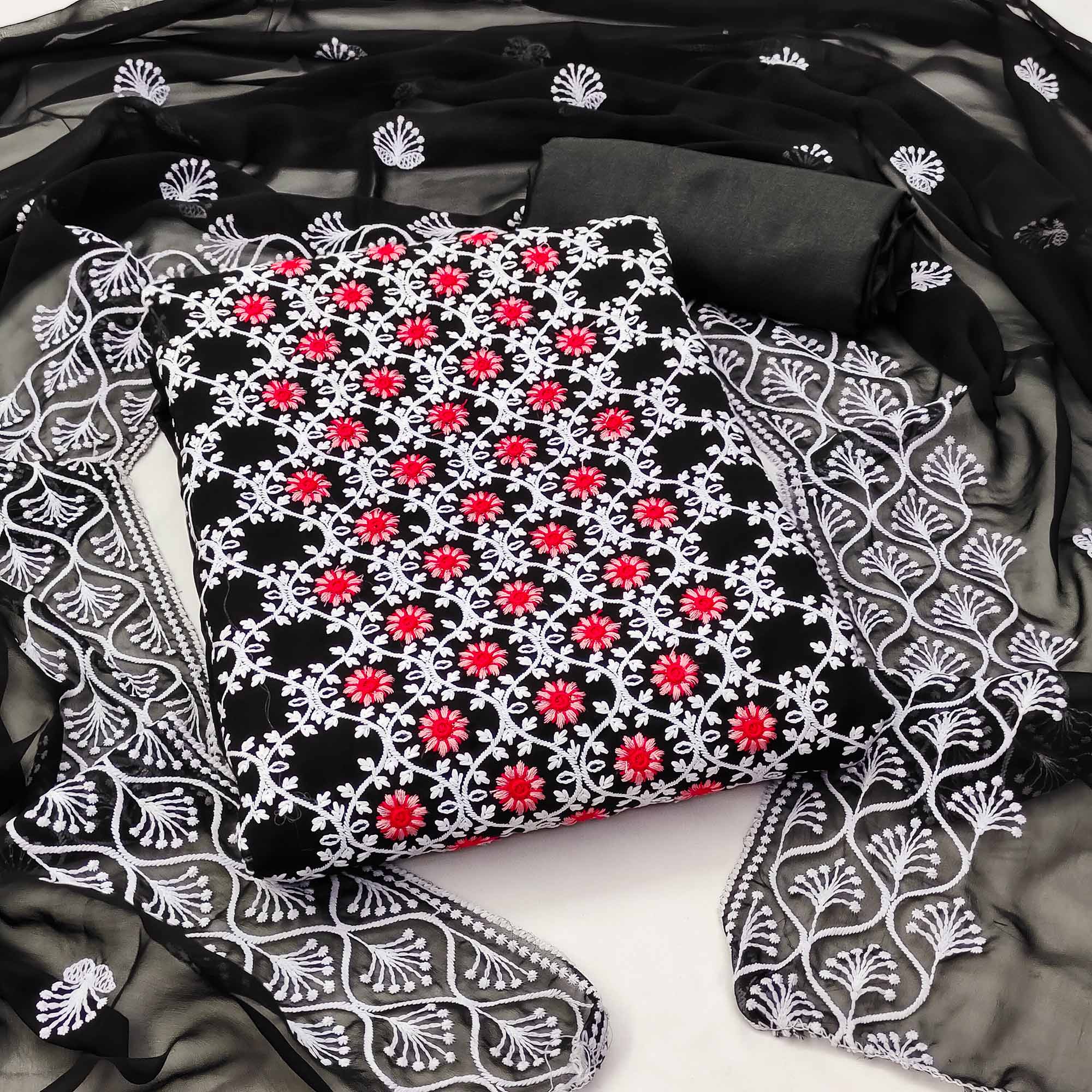 Black Embroidered Georgette Dress Material