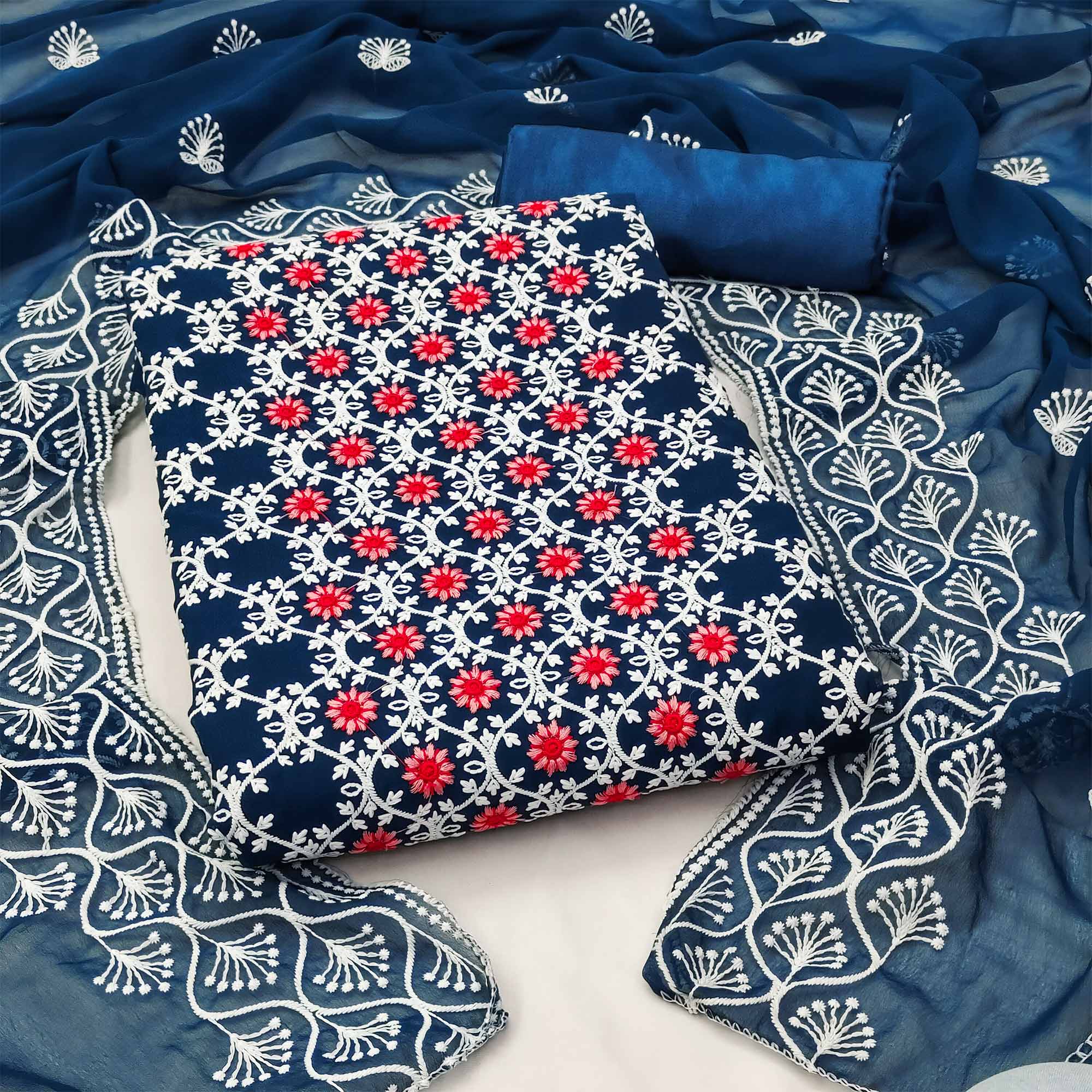 Blue Embroidered Georgette Dress Material