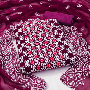 Wine Embroidered Georgette Dress Material