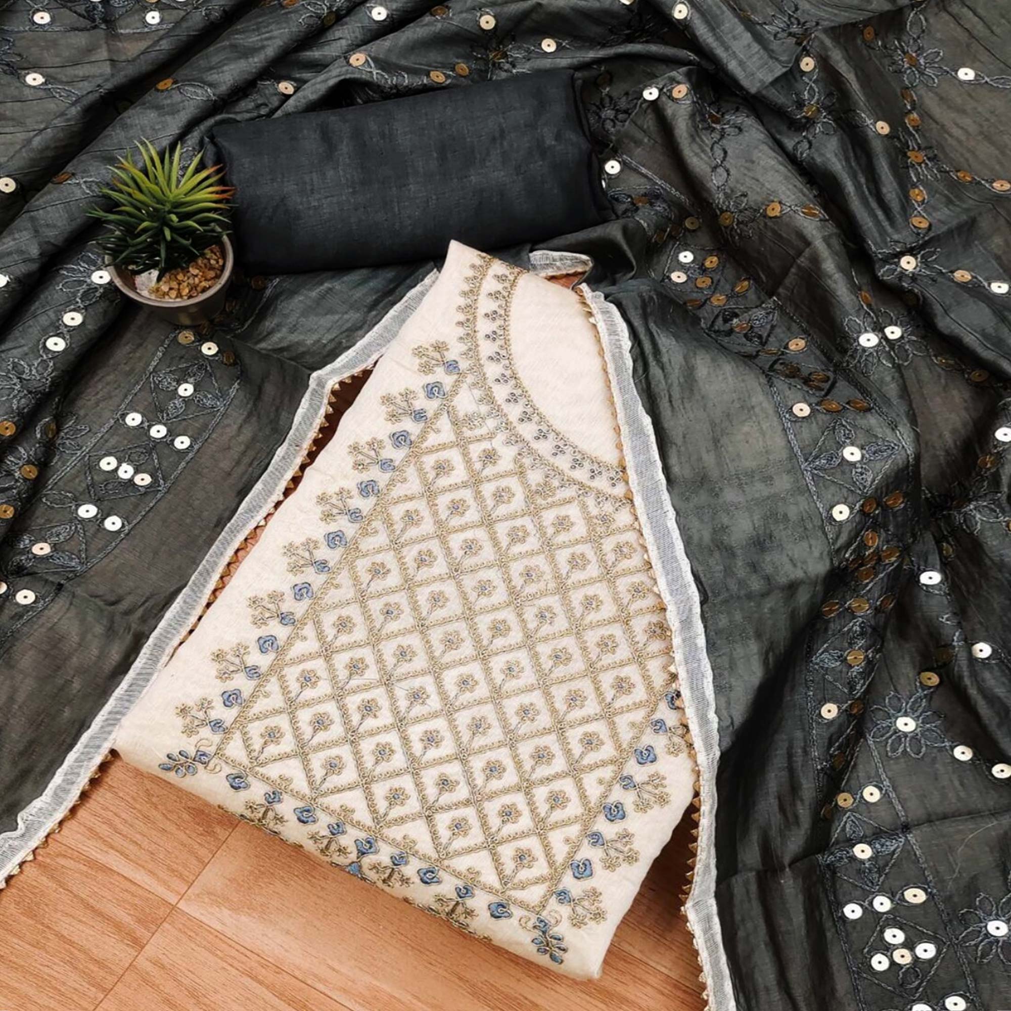 Cream Floral Embroidered Modal Dress Material