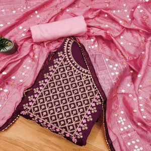 Wine Floral Embroidered Modal Dress Material