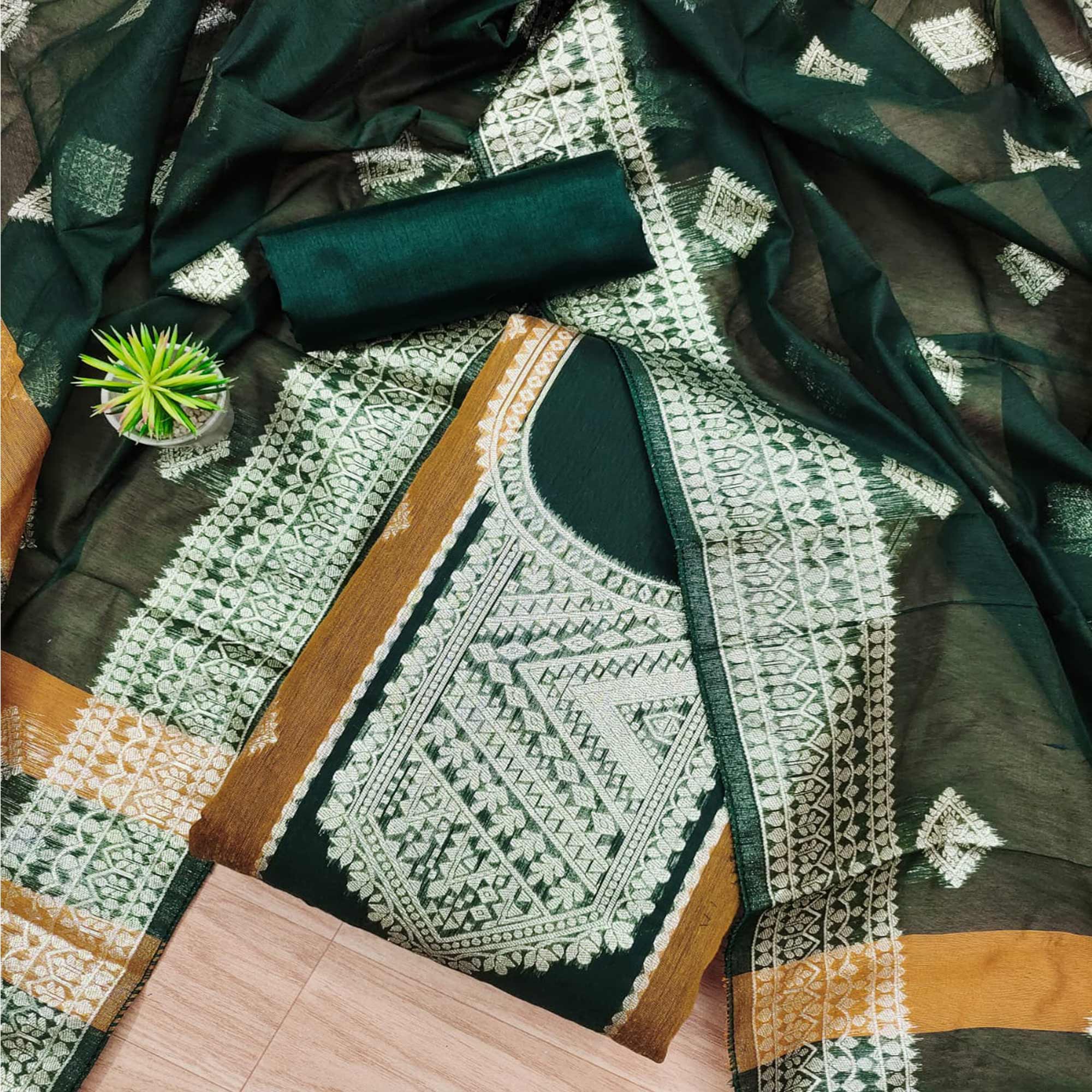 Green Woven Chanderi Dress Material