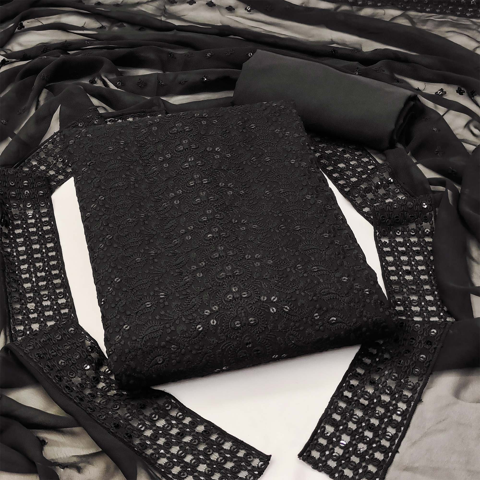 Black Lucknowi Embroidered Georgette Dress Material