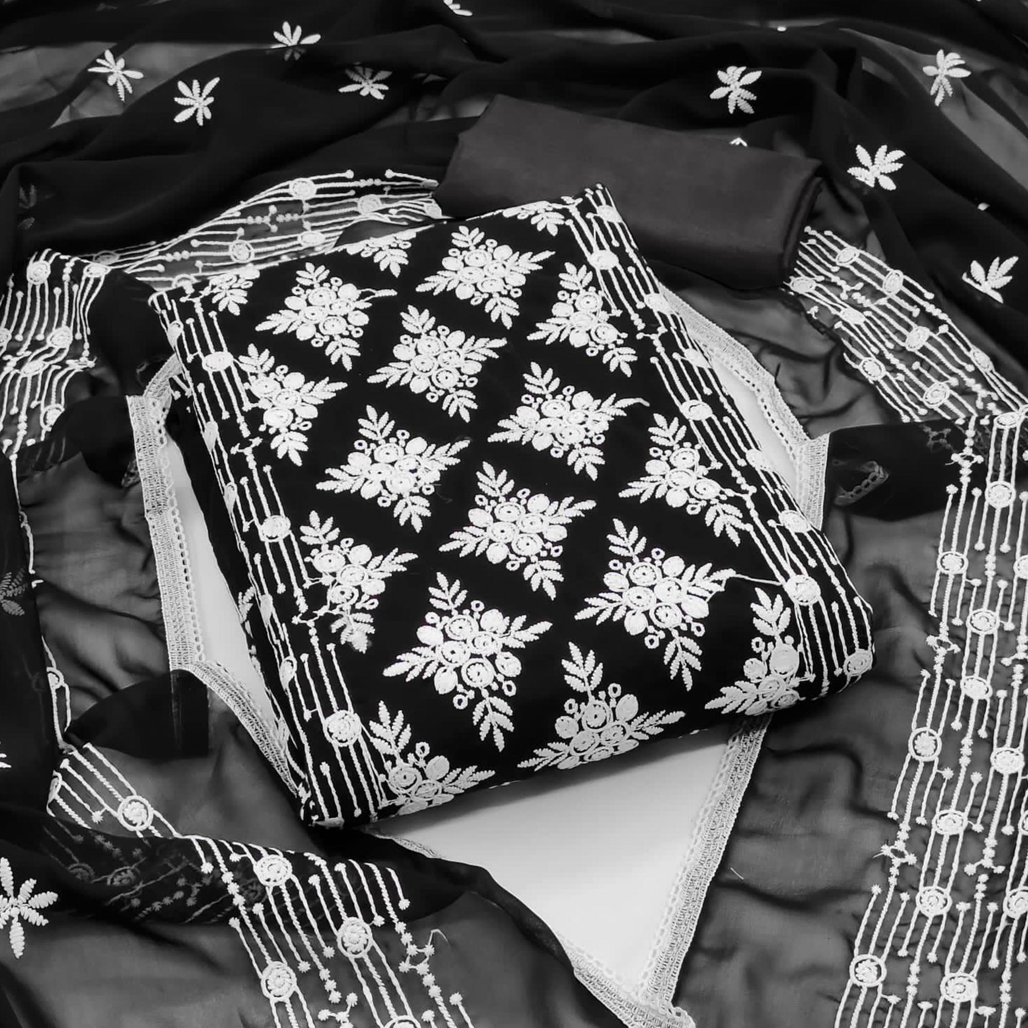 Black Floral Embroidered Georgette Dress Material