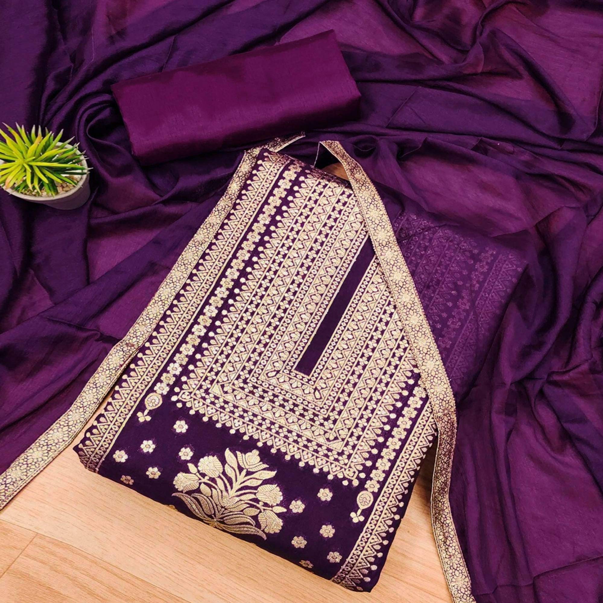 Purple Floral Woven Banarasi Silk Dress Material