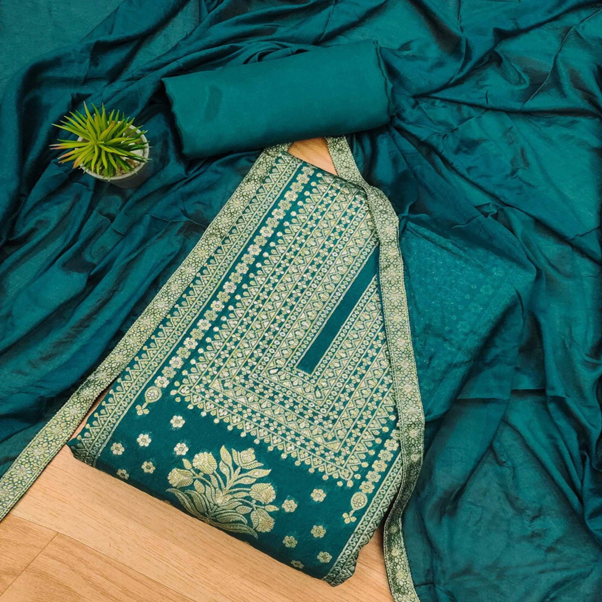 Rama Green  Floral Woven Banarasi Silk Dress Material