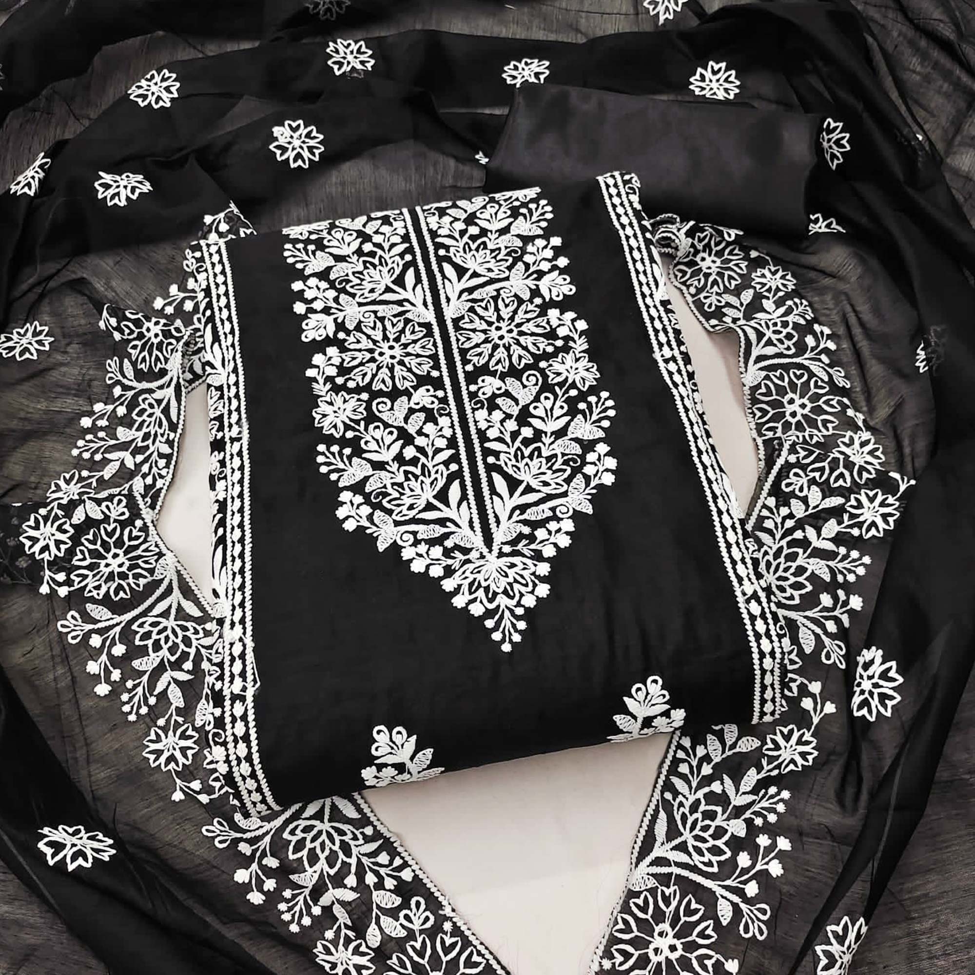 Black Floral Embroidered Modal Dress Material