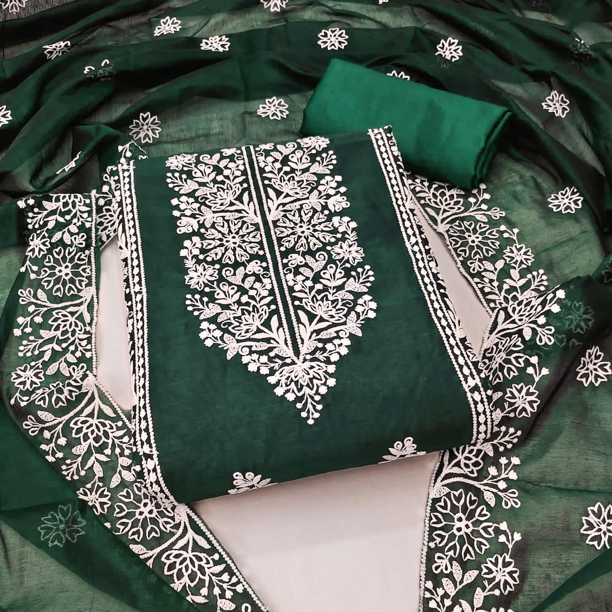 Green Floral Embroidered Modal Dress Material