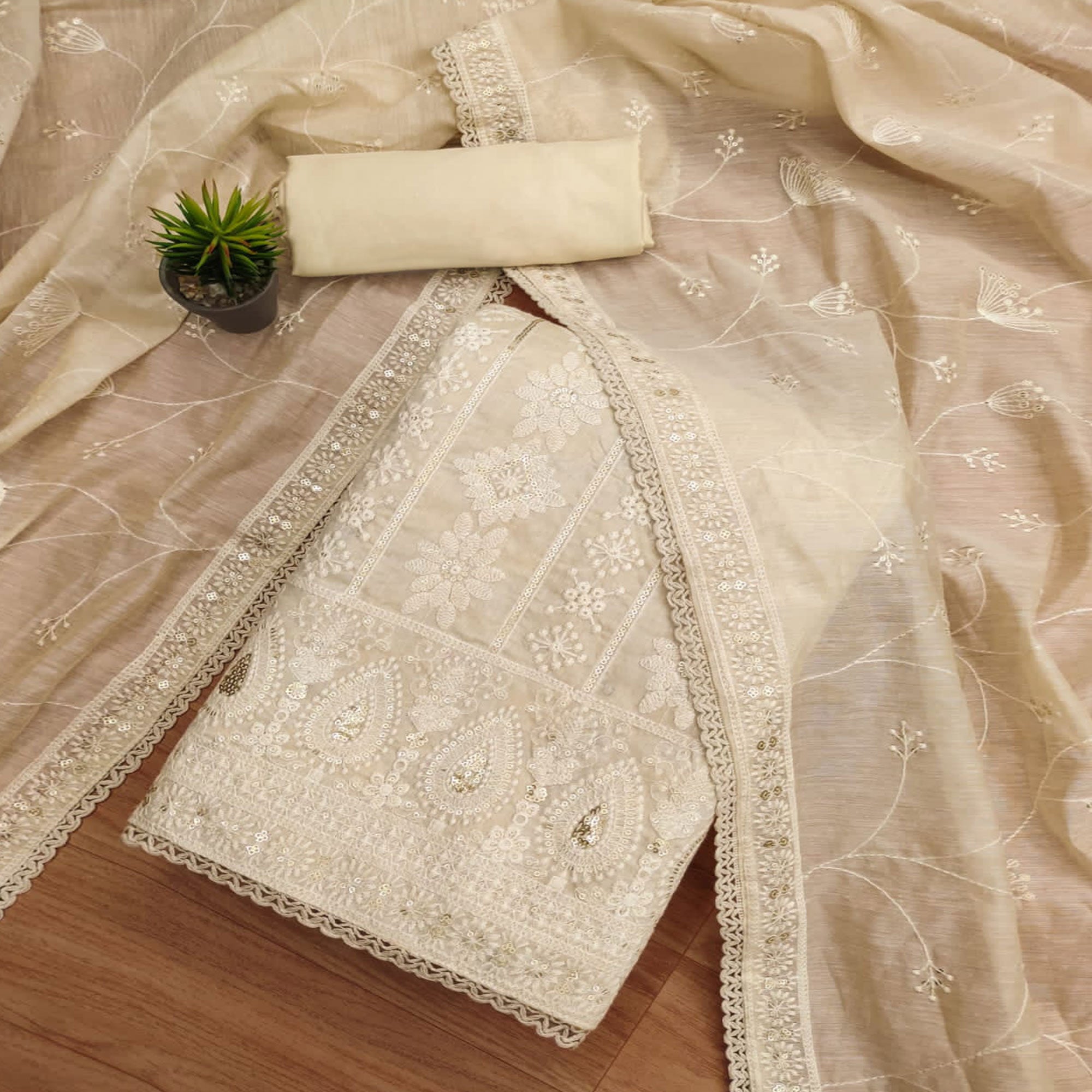 Cream Sequins Embroidered Chanderi Silk Dress Material