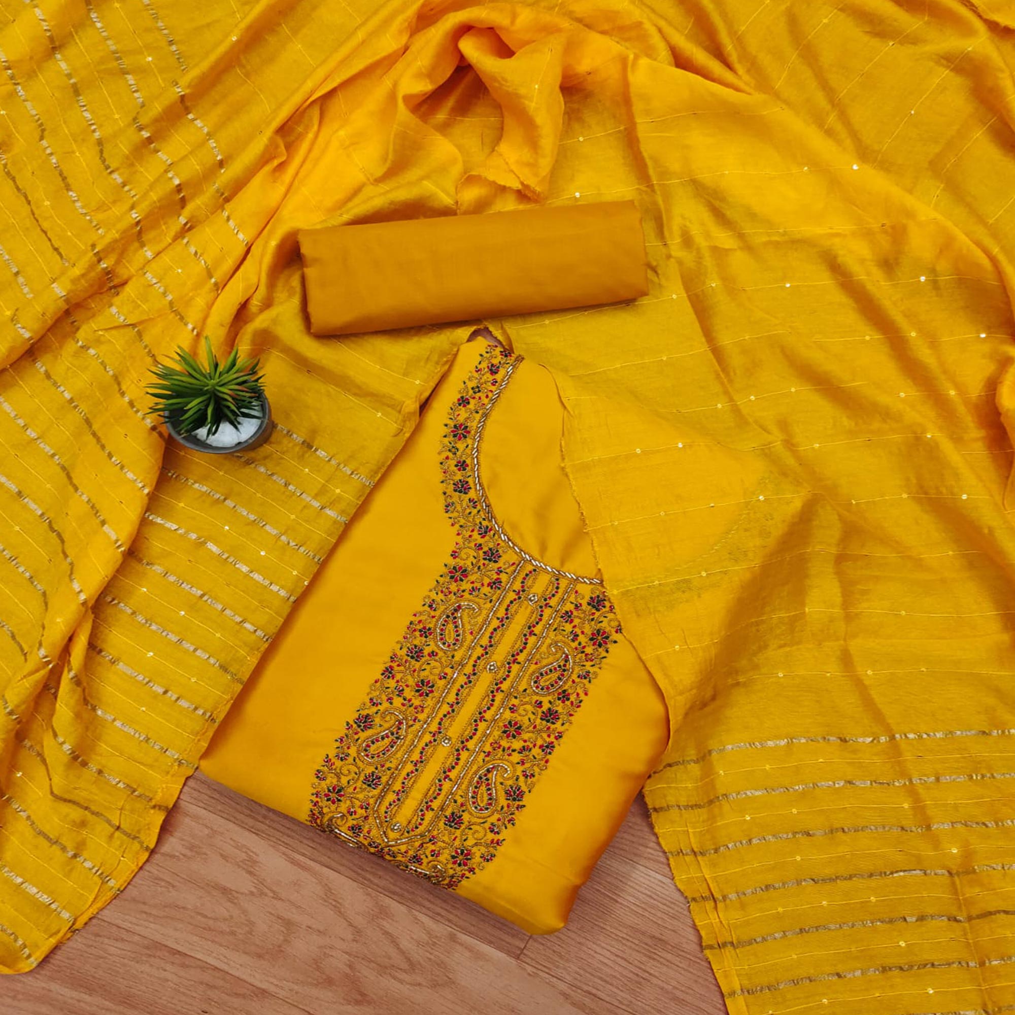 Yellow Embroidered Cotton Blend Dress Material