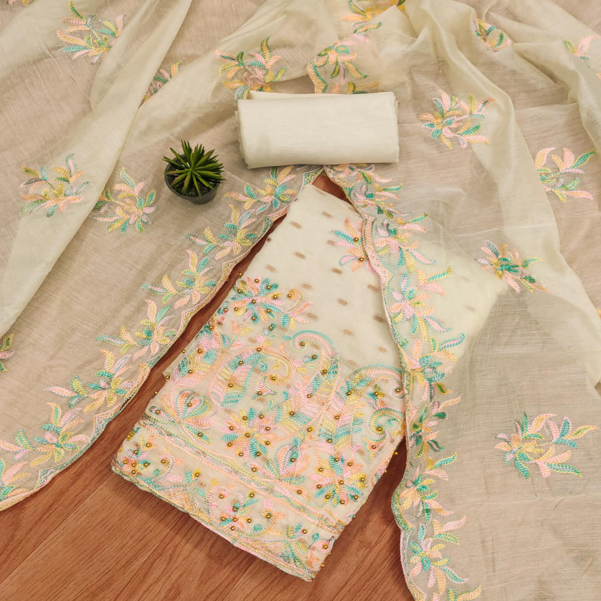 Cream Floral Embroidered Chanderi Dress Material