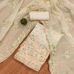 Cream Floral Embroidered Chanderi Dress Material