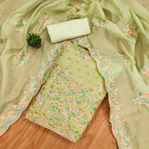 Green Floral Embroidered Chanderi Dress Material