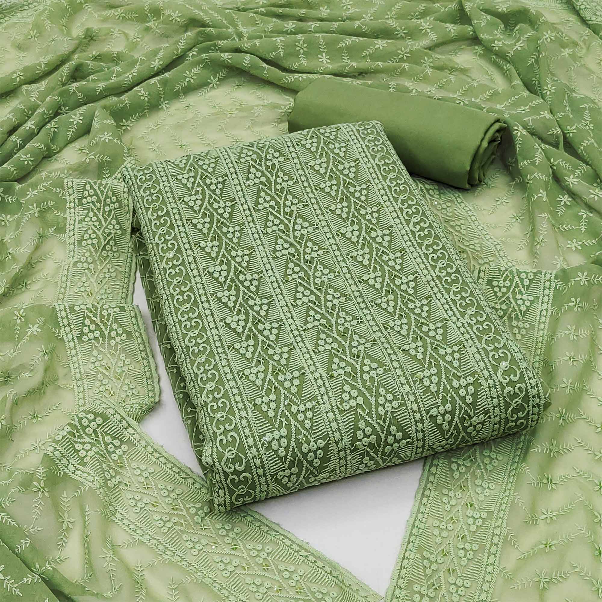 Green Embroidered Georgette Dress Material