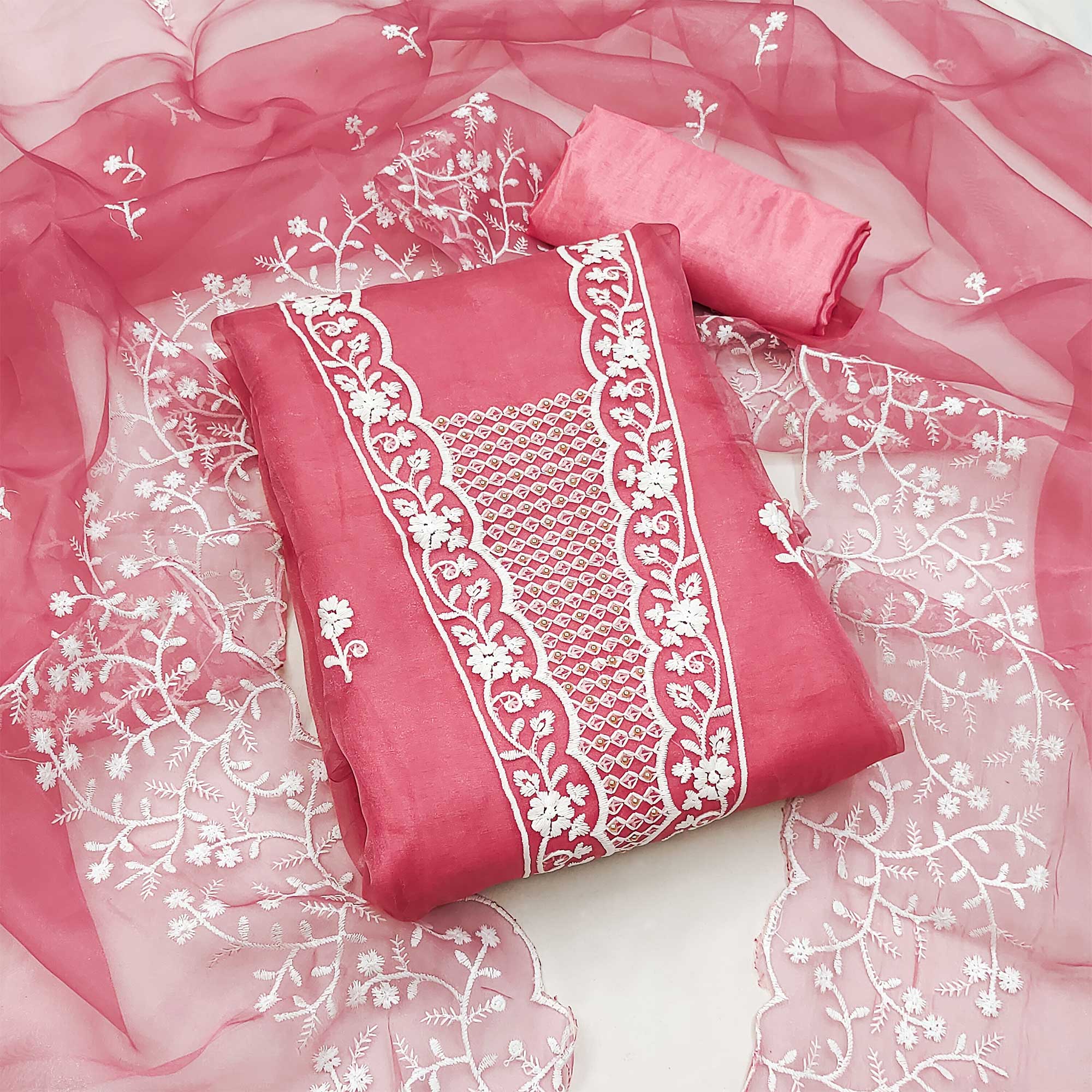 Pink Floral Embroidered Organza Dress Material