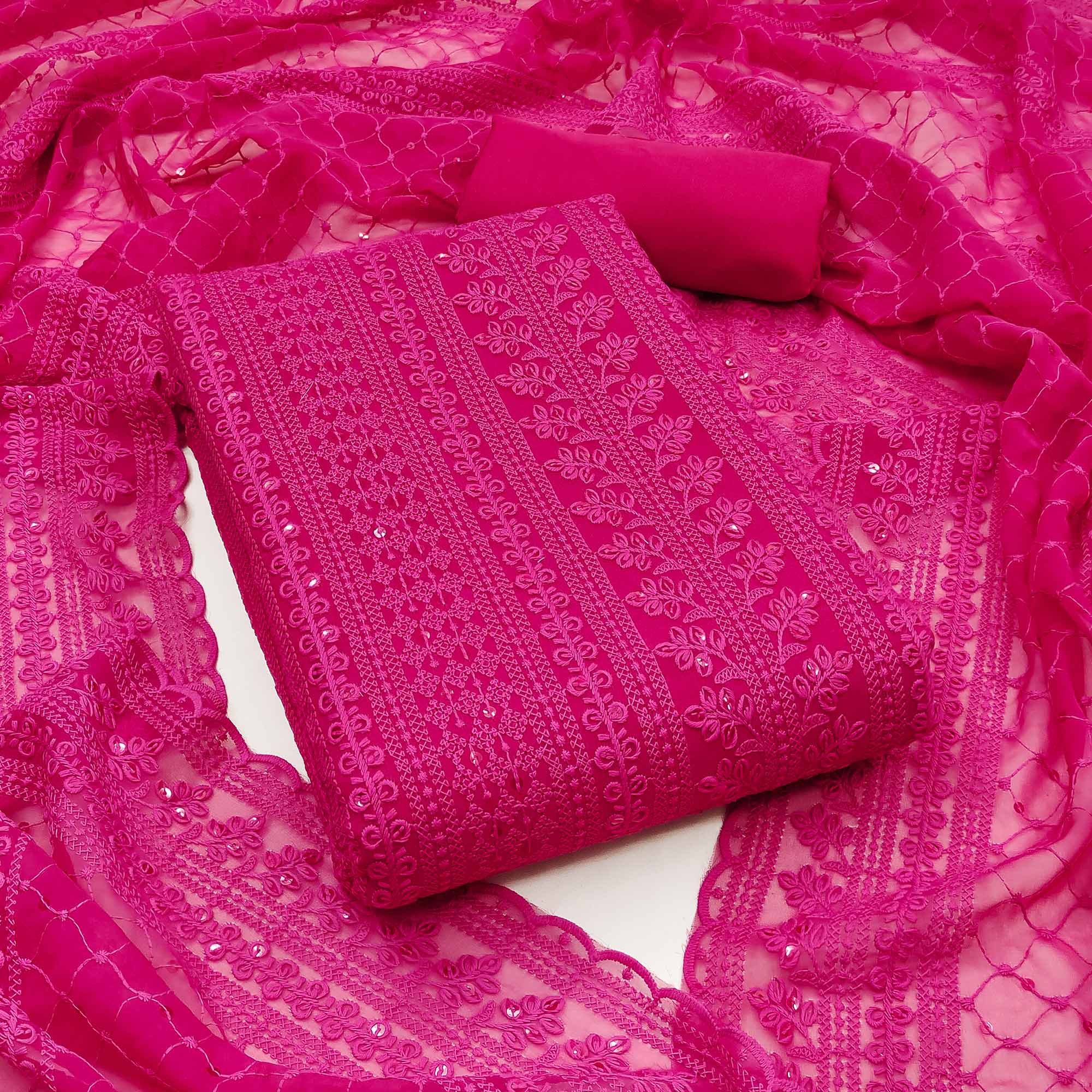 Pink Lucknowi Embroidered Georgette Dress Material