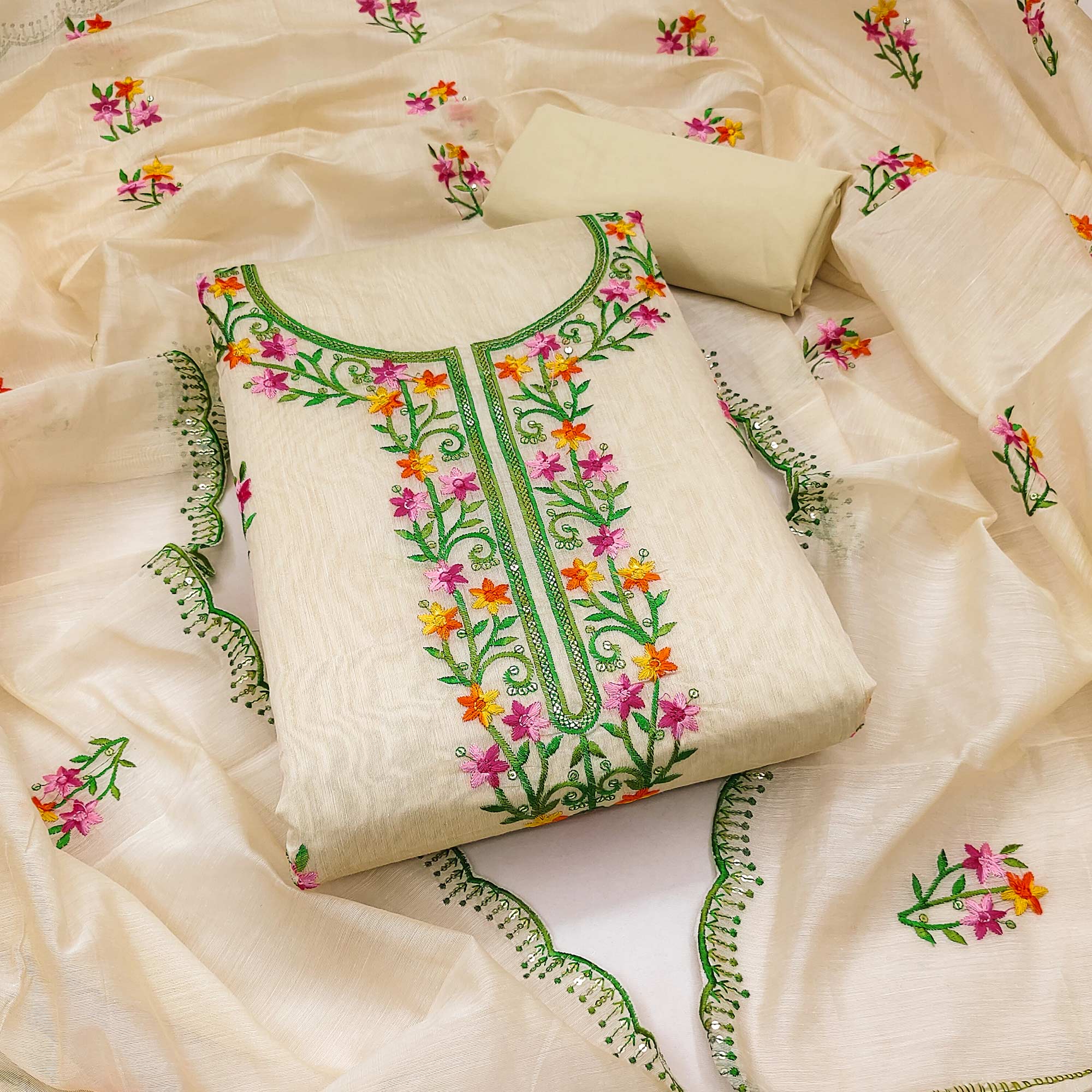 Beige Floral Embroidered Chanderi Dress Material