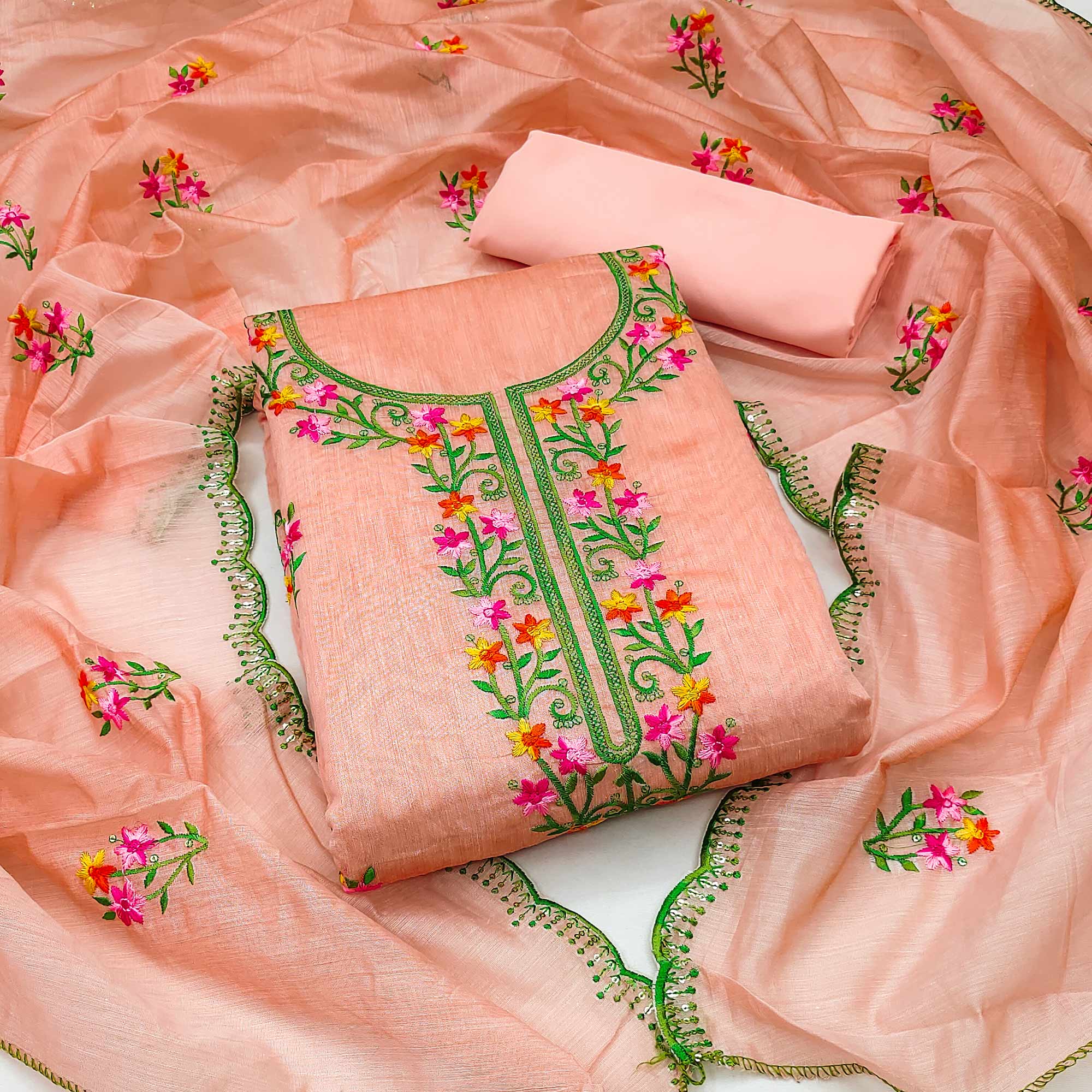 Peach Floral Embroidered Chanderi Dress Material