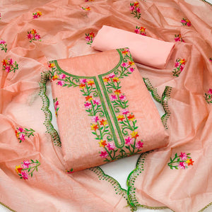 Peach Floral Embroidered Chanderi Dress Material