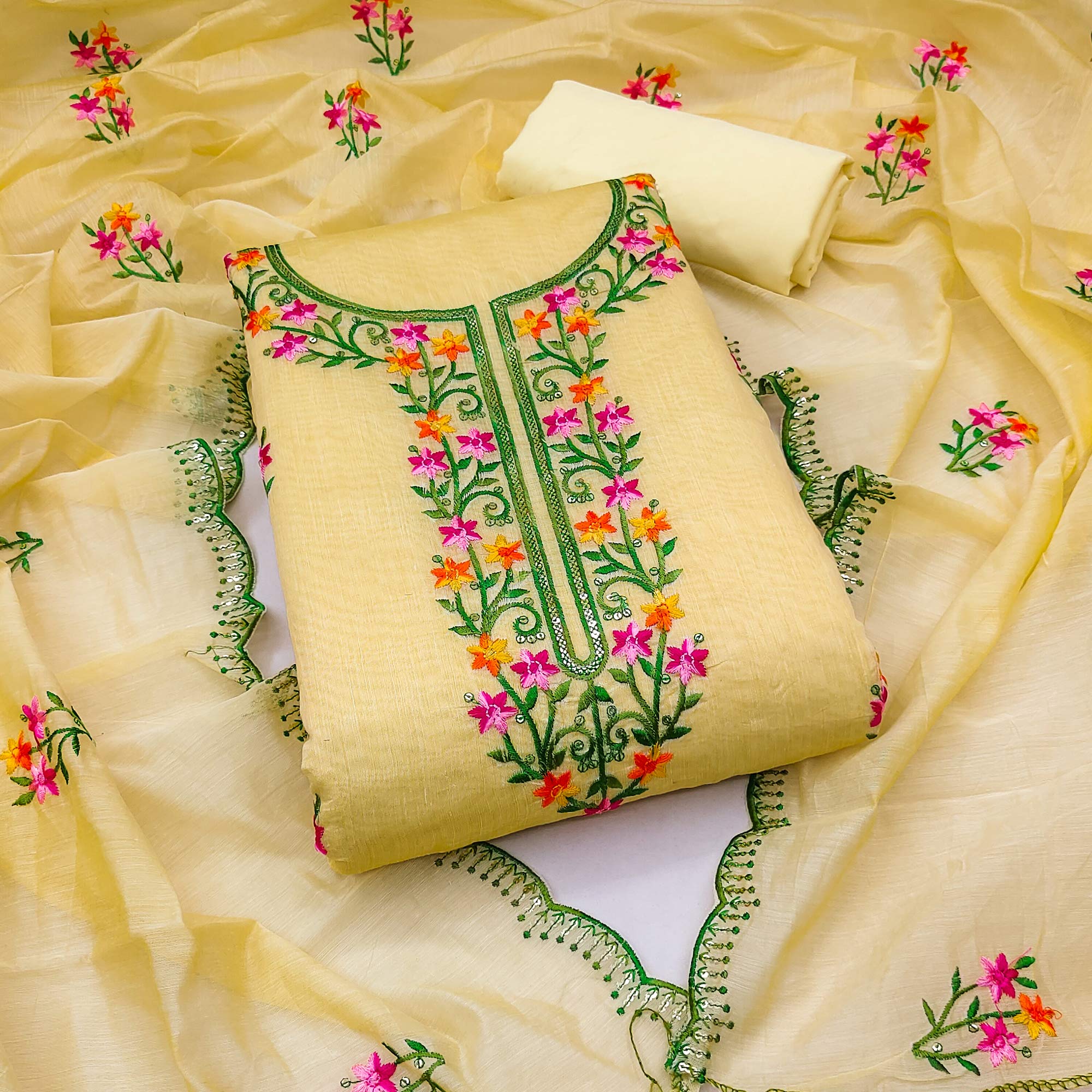 Yellow Floral Embroidered Chanderi Dress Material