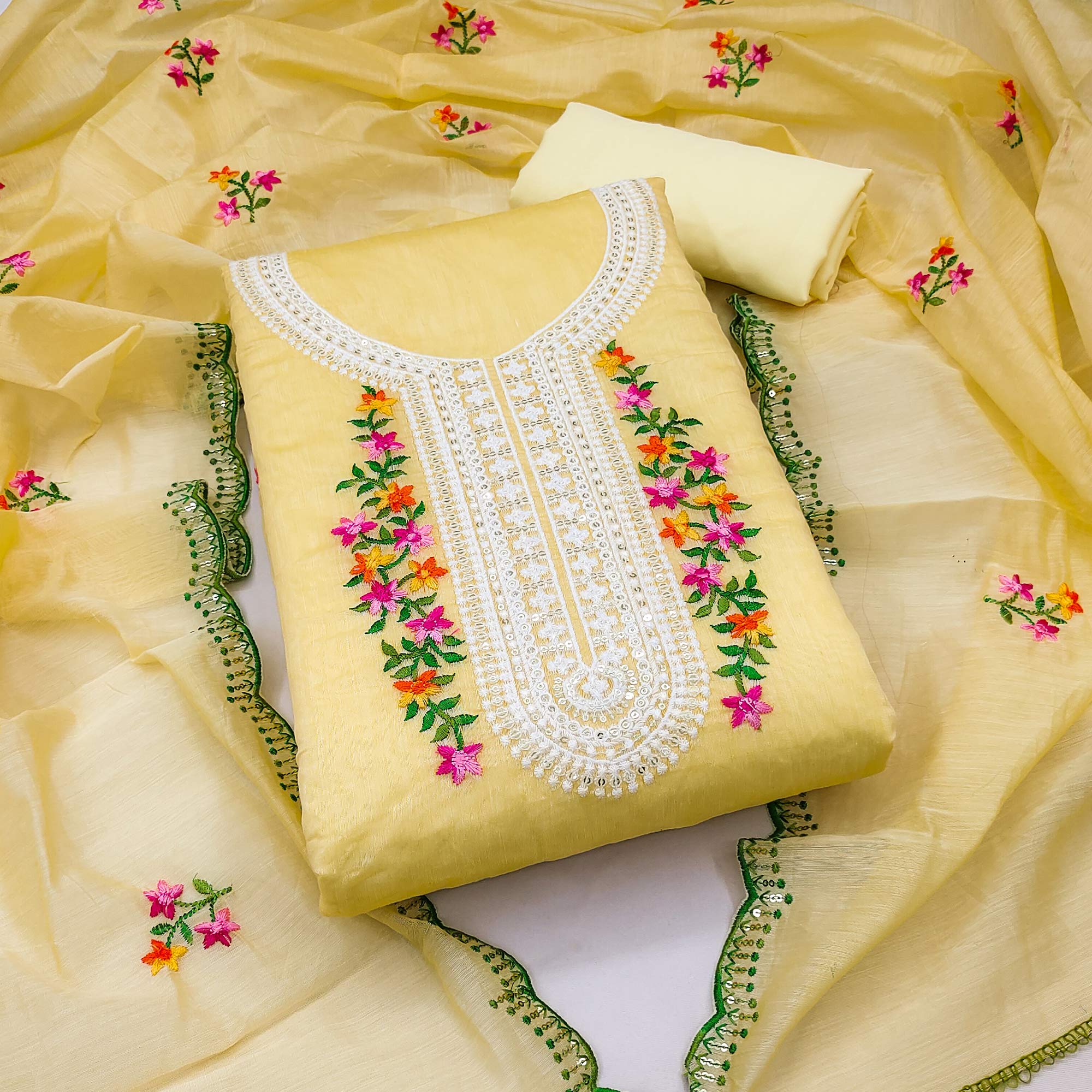 Yellow Floral Embroidered Chanderi Dress Material