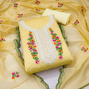 Yellow Floral Embroidered Chanderi Dress Material