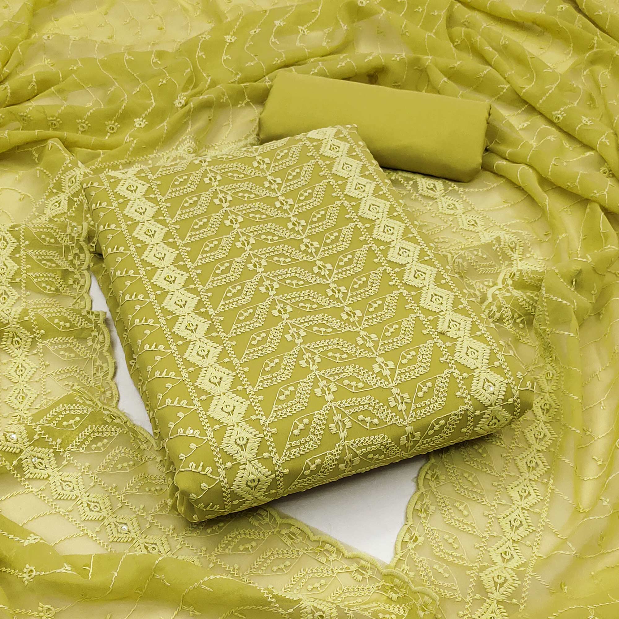 Green Lucknowi Embroidered Georgette Dress Material