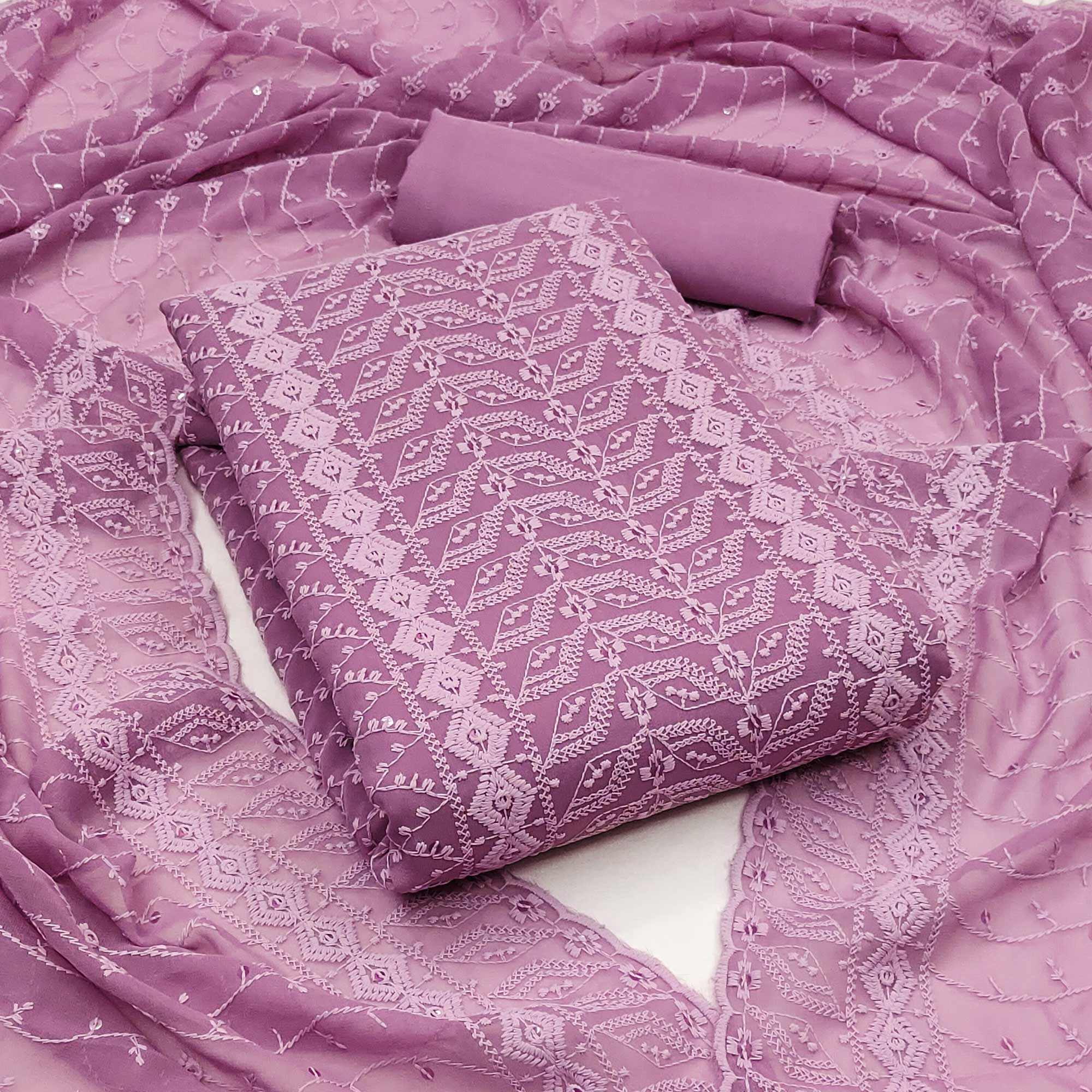 Purple Lucknowi Embroidered Georgette Dress Material