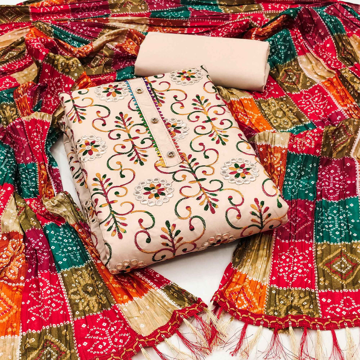 Cream Floral Embroidered Cotton Blend Salwar Suit - Image 1