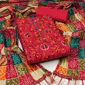 Red Floral Embroidered Cotton Blend Dress Material