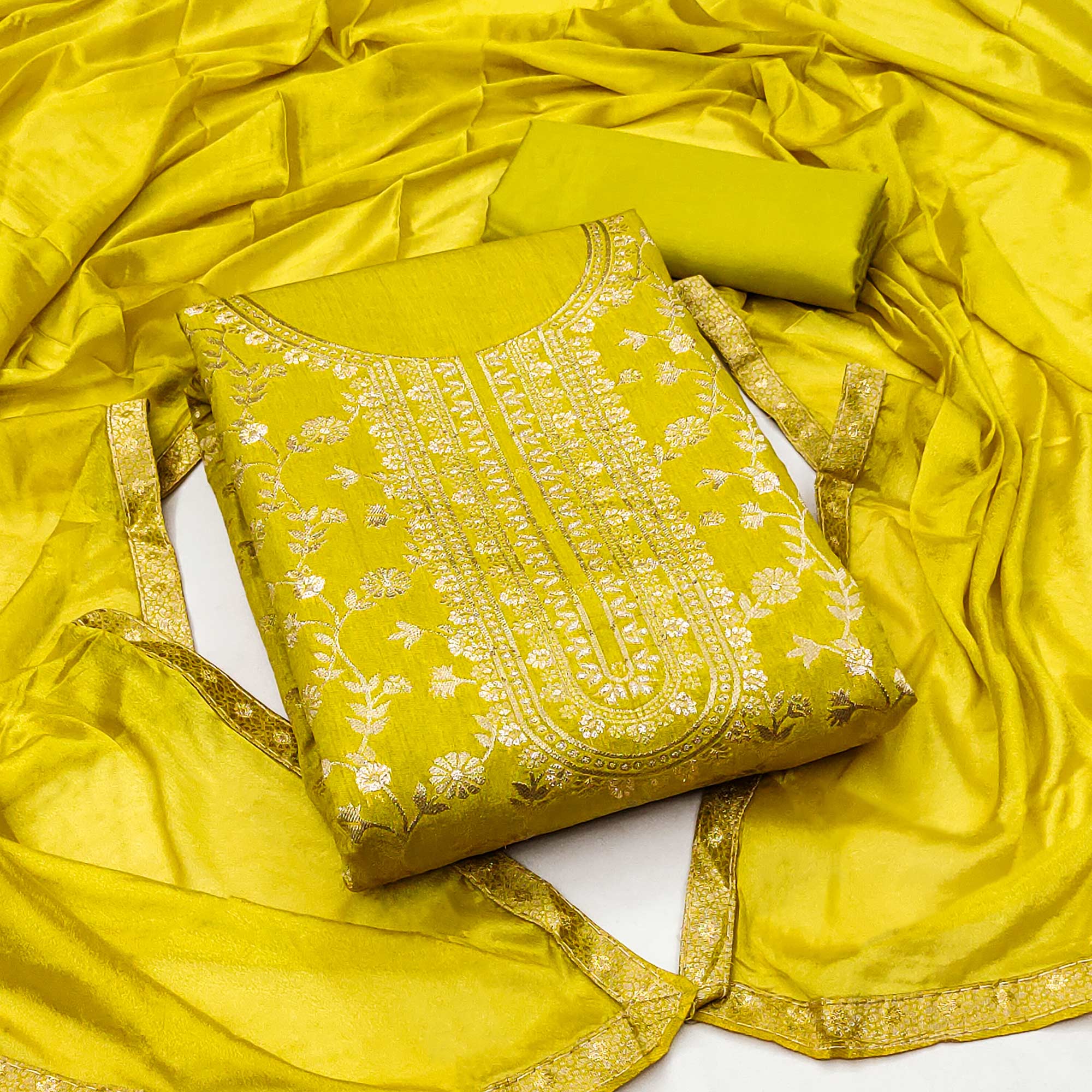 Lemon Green Floral Woven Jacquard Dress Material