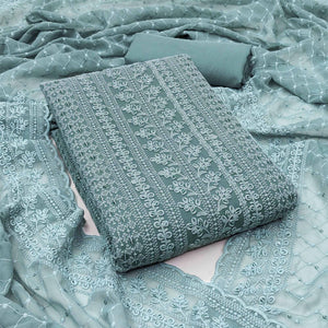 Dusty Teal Lucknowi Embroidered Georgette Dress Material