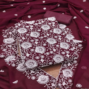 Wine Floral Embroidered Georgette Dress Material