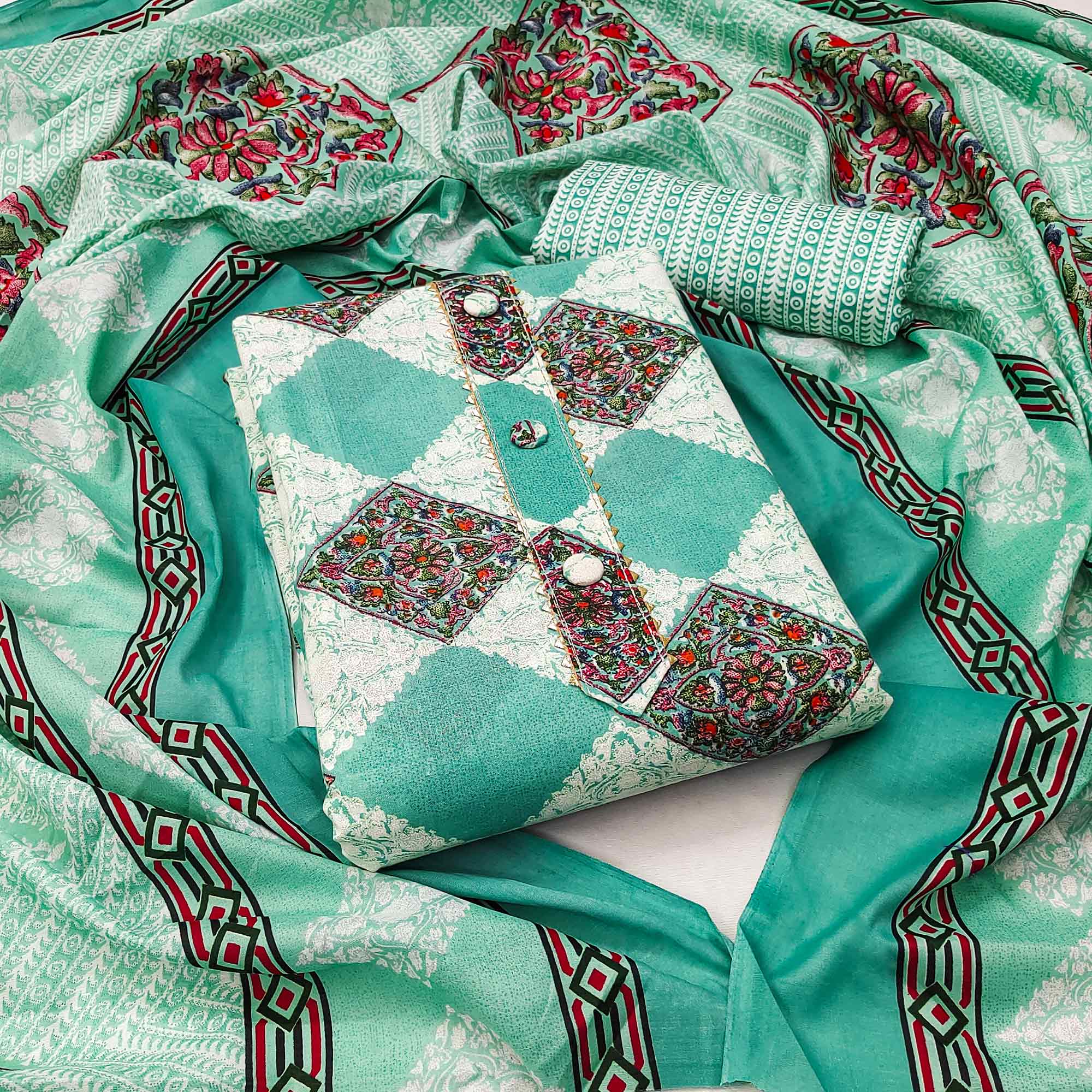 Turquoise Floral Printed Pure Cotton Dress Material