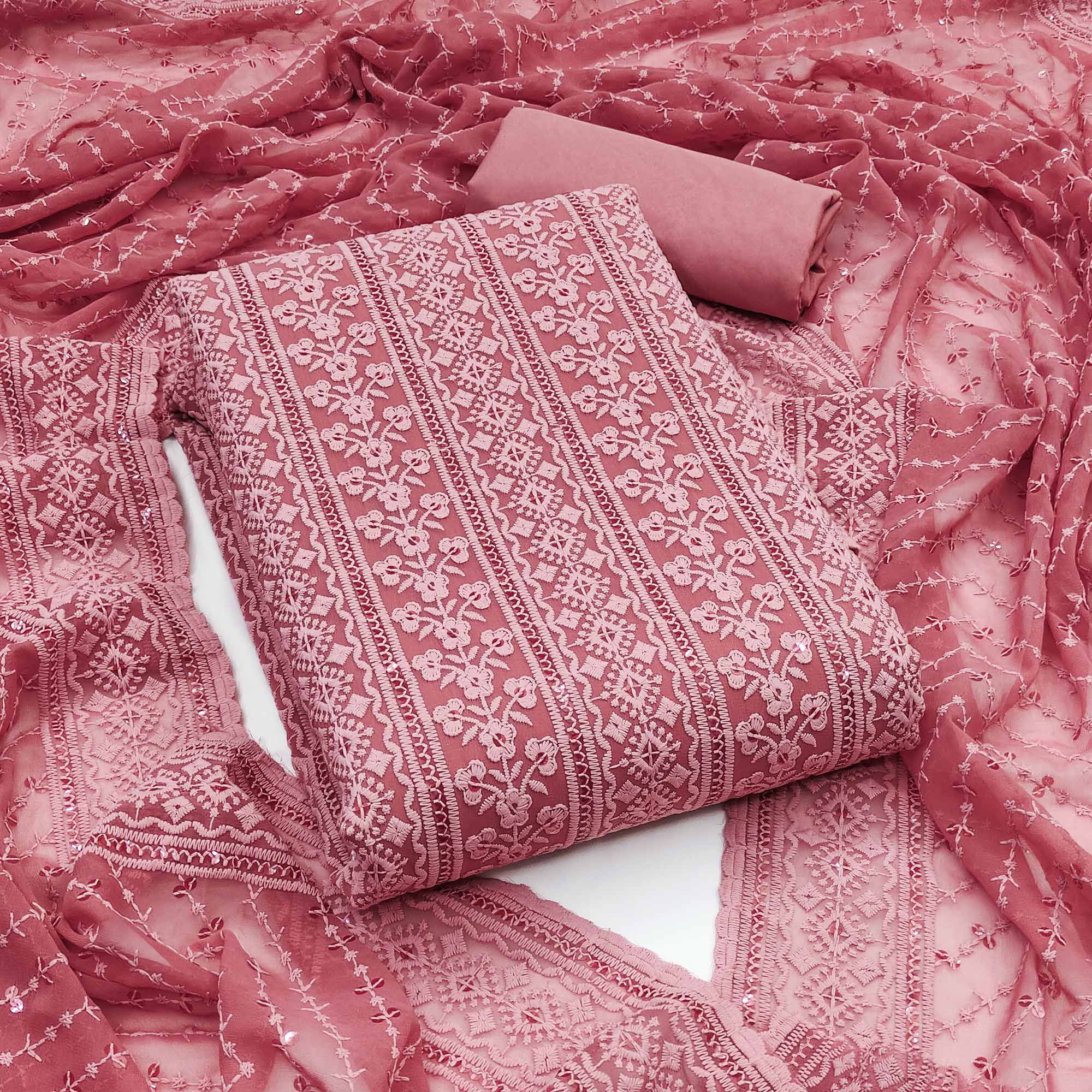 Gajari Pink Floral Sequins Embroidered Georgette Dress Material