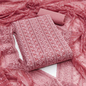 Gajari Pink Floral Sequins Embroidered Georgette Dress Material