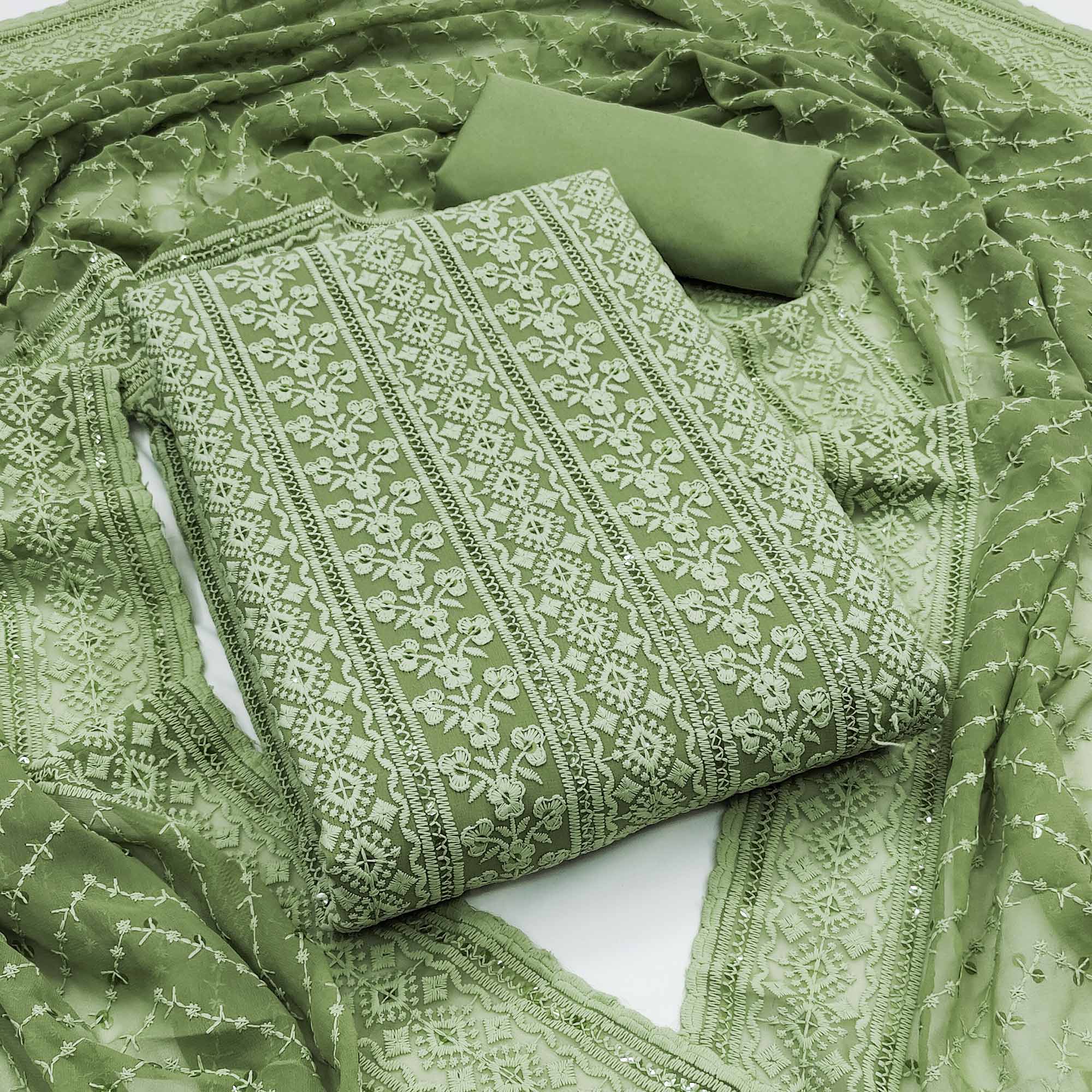 Green Floral Sequins Embroidered Georgette Dress Material
