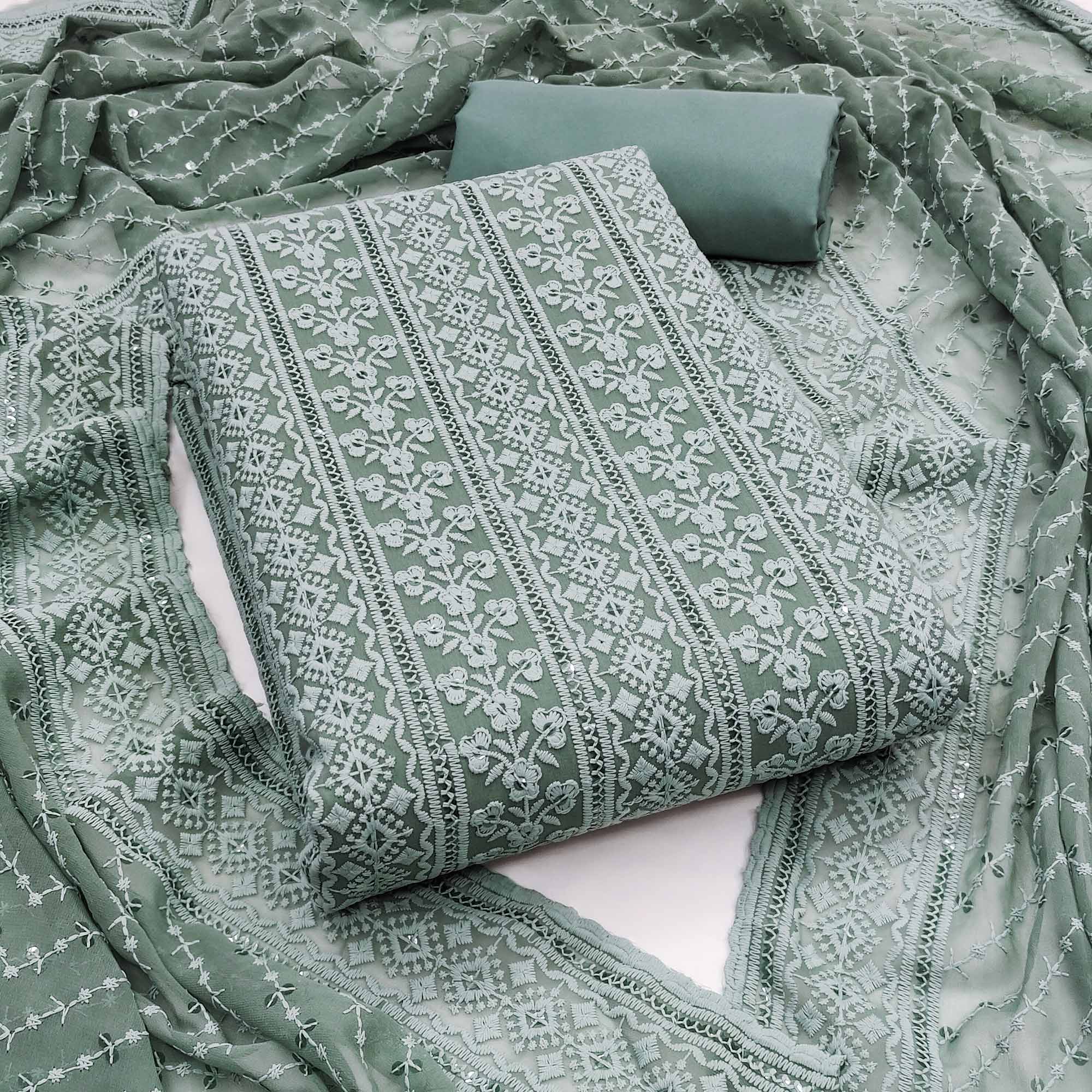 Grey Floral Sequins Embroidered Georgette Dress Material