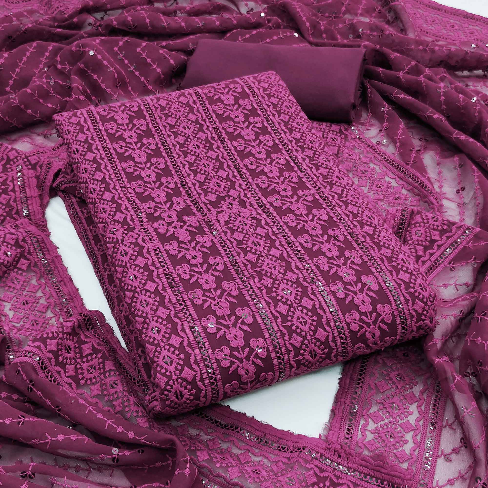 Wine Floral Sequins Embroidered Georgette Dress Material