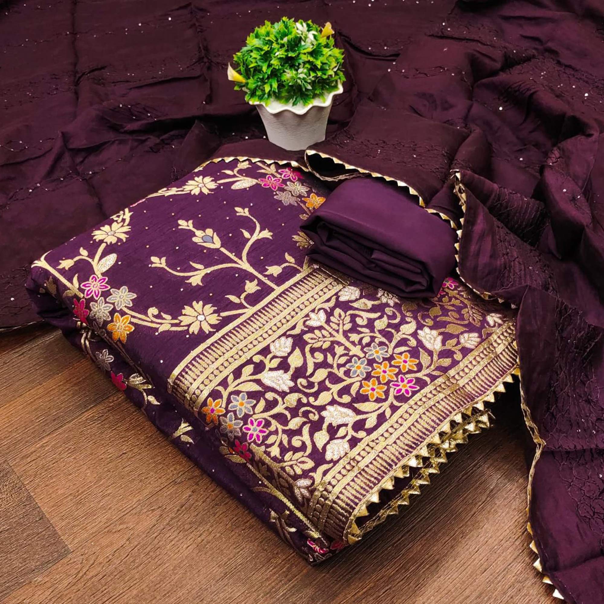 Wine Floral Woven Banarasi Jacquard Dress Material