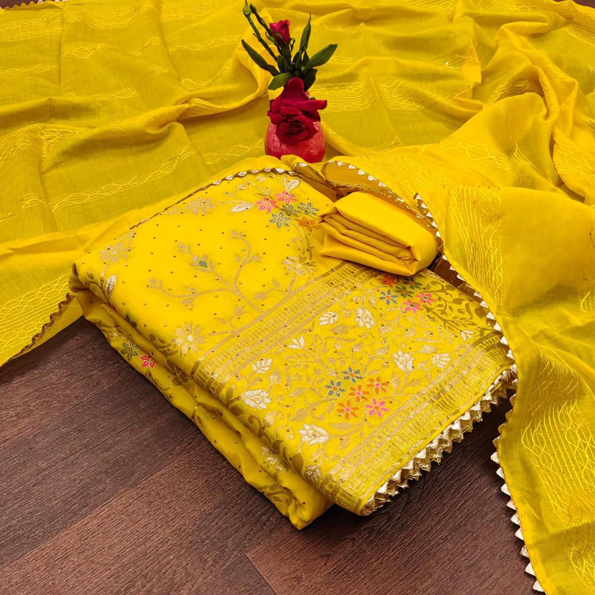 Yellow Floral Woven Banarasi Jacquard Dress Material