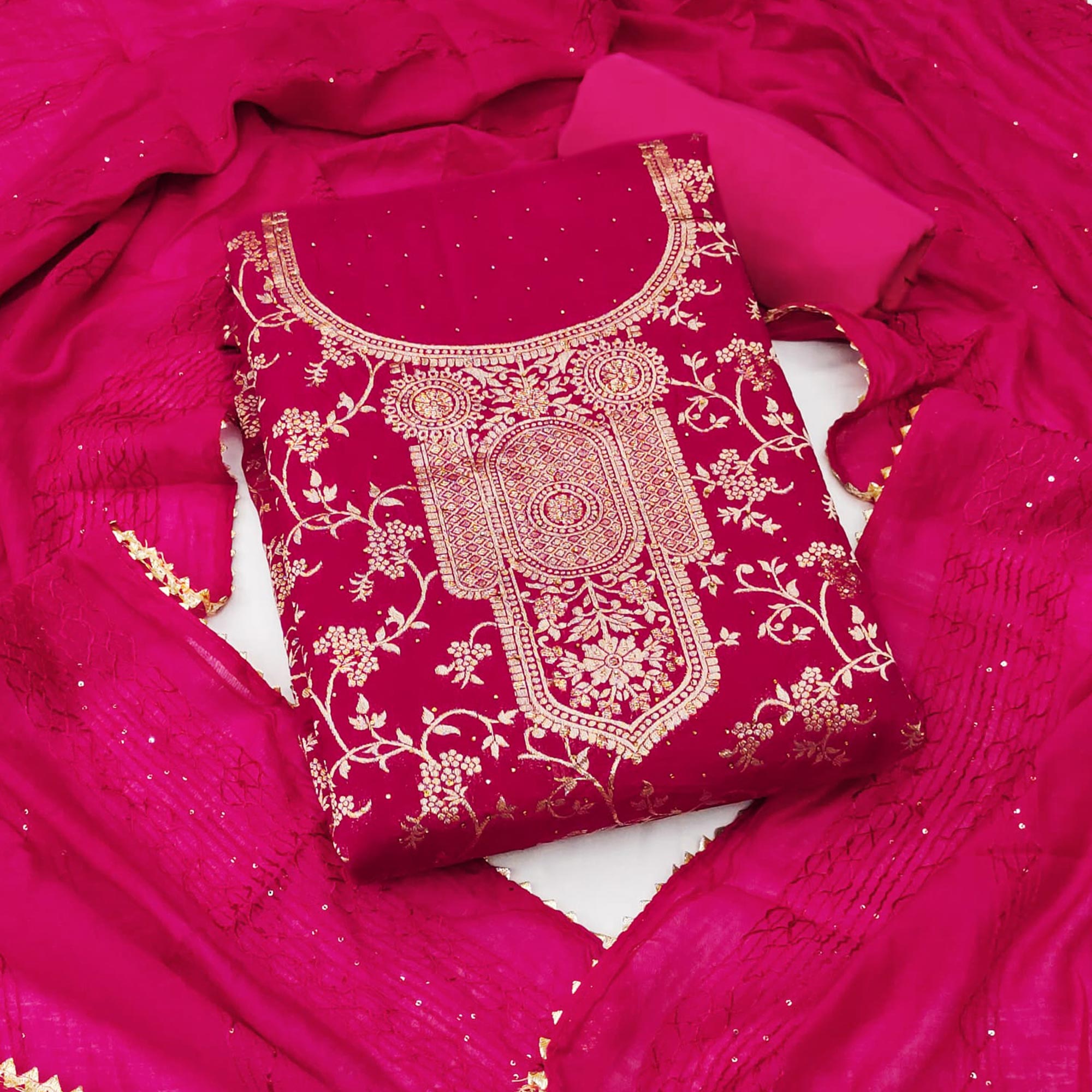 Rani Pink Floral Woven With Stonework Banarasi Jacquard Dress Material